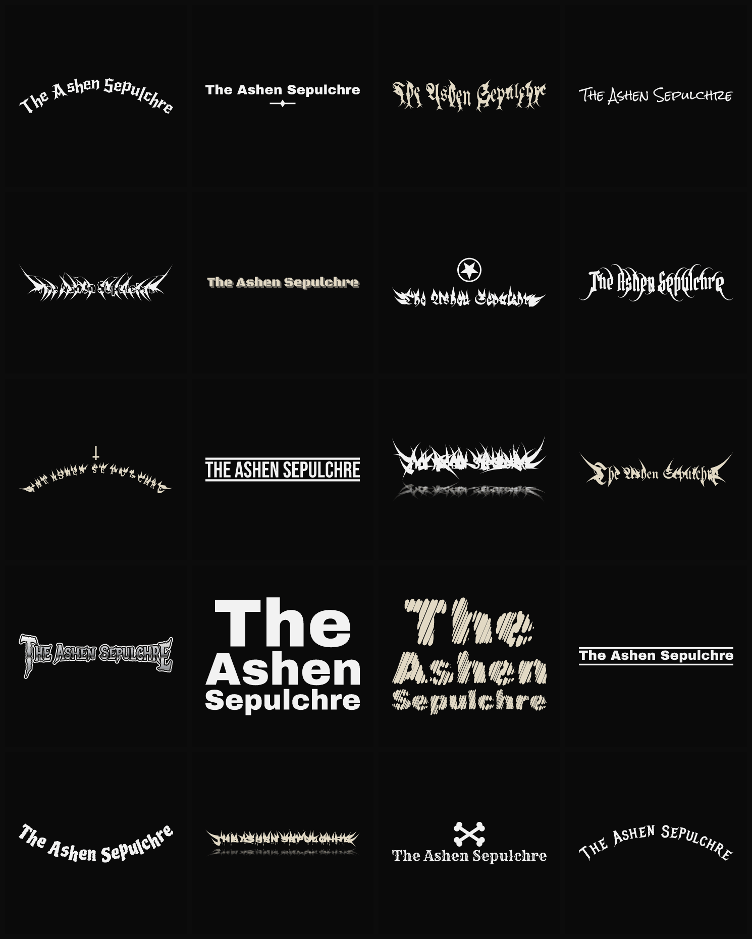Twenty The Ashen Sepulchre band logo ideas — different faces, treatments and spike settings