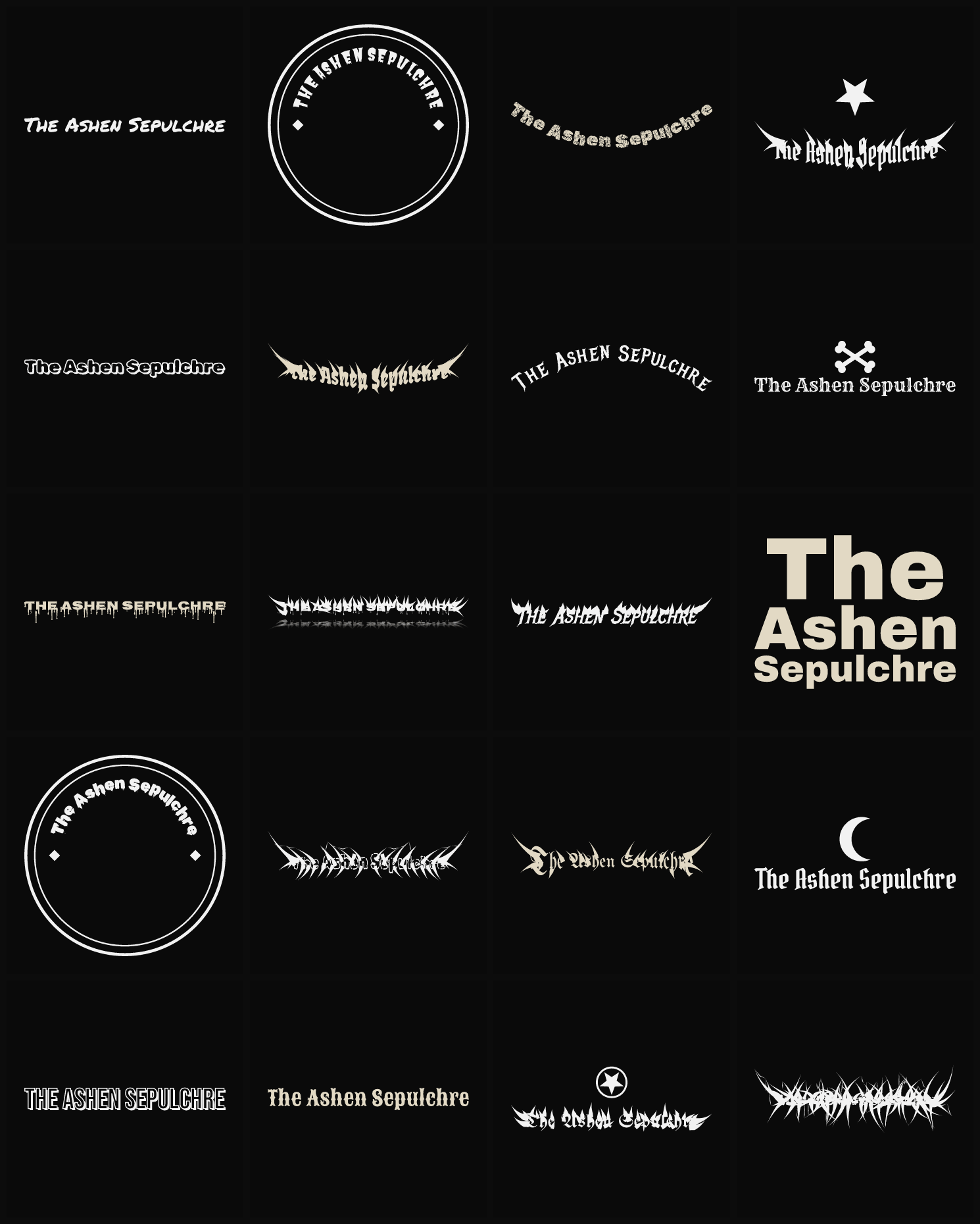 Twenty The Ashen Sepulchre band logo ideas — different faces, treatments and spike settings