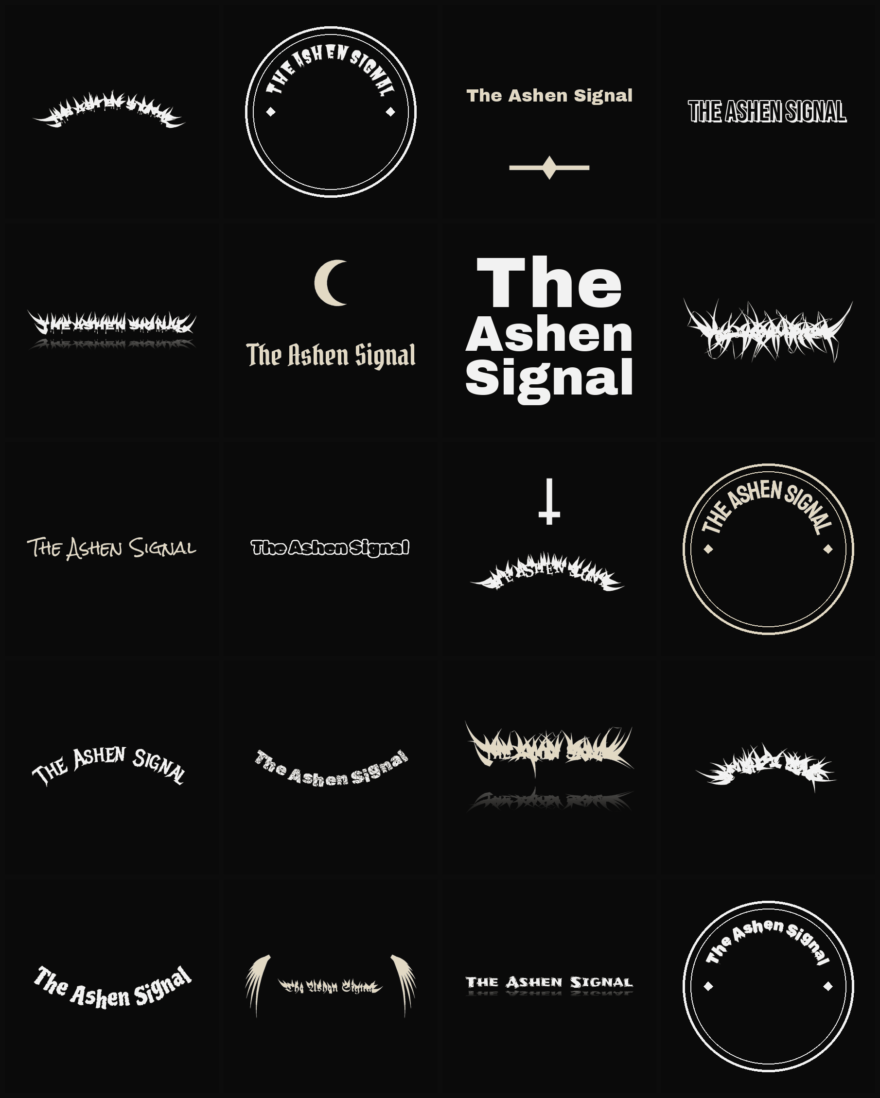 Twenty The Ashen Signal band logo ideas — different faces, treatments and spike settings
