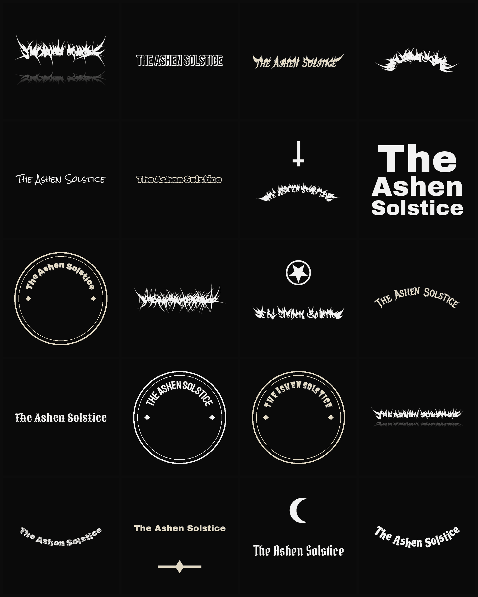 Twenty The Ashen Solstice band logo ideas — different faces, treatments and spike settings