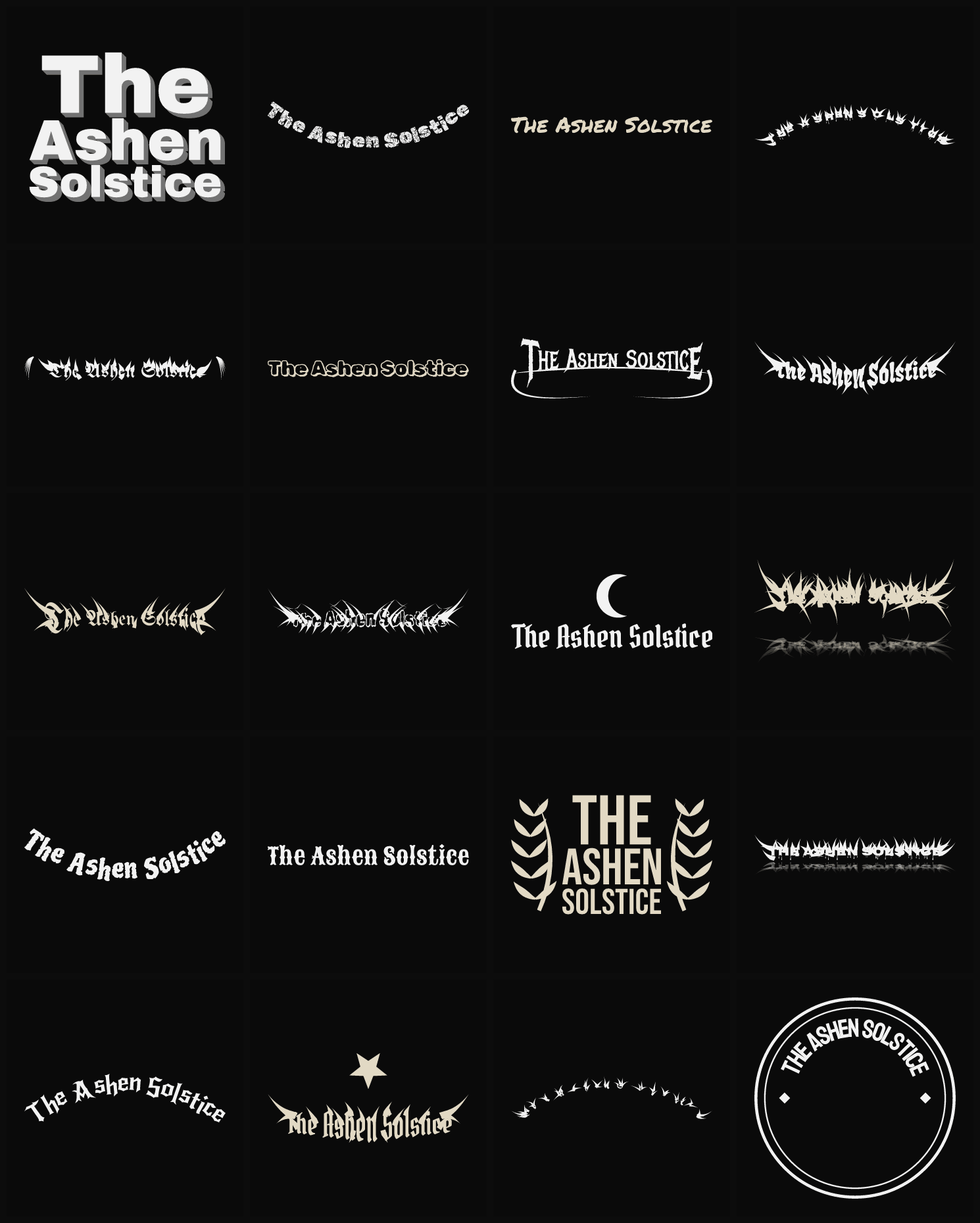 Twenty The Ashen Solstice band logo ideas — different faces, treatments and spike settings