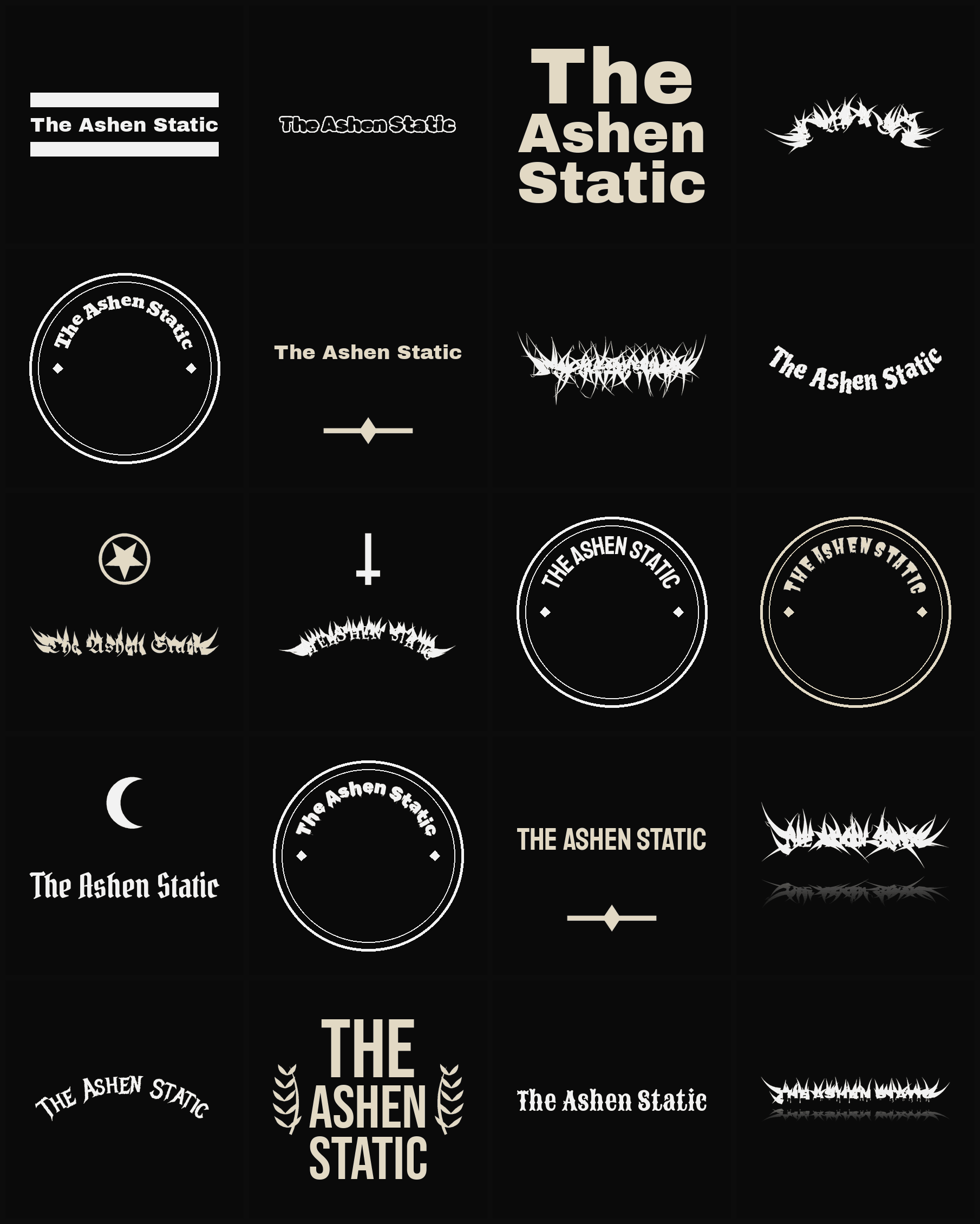 Twenty The Ashen Static band logo ideas — different faces, treatments and spike settings