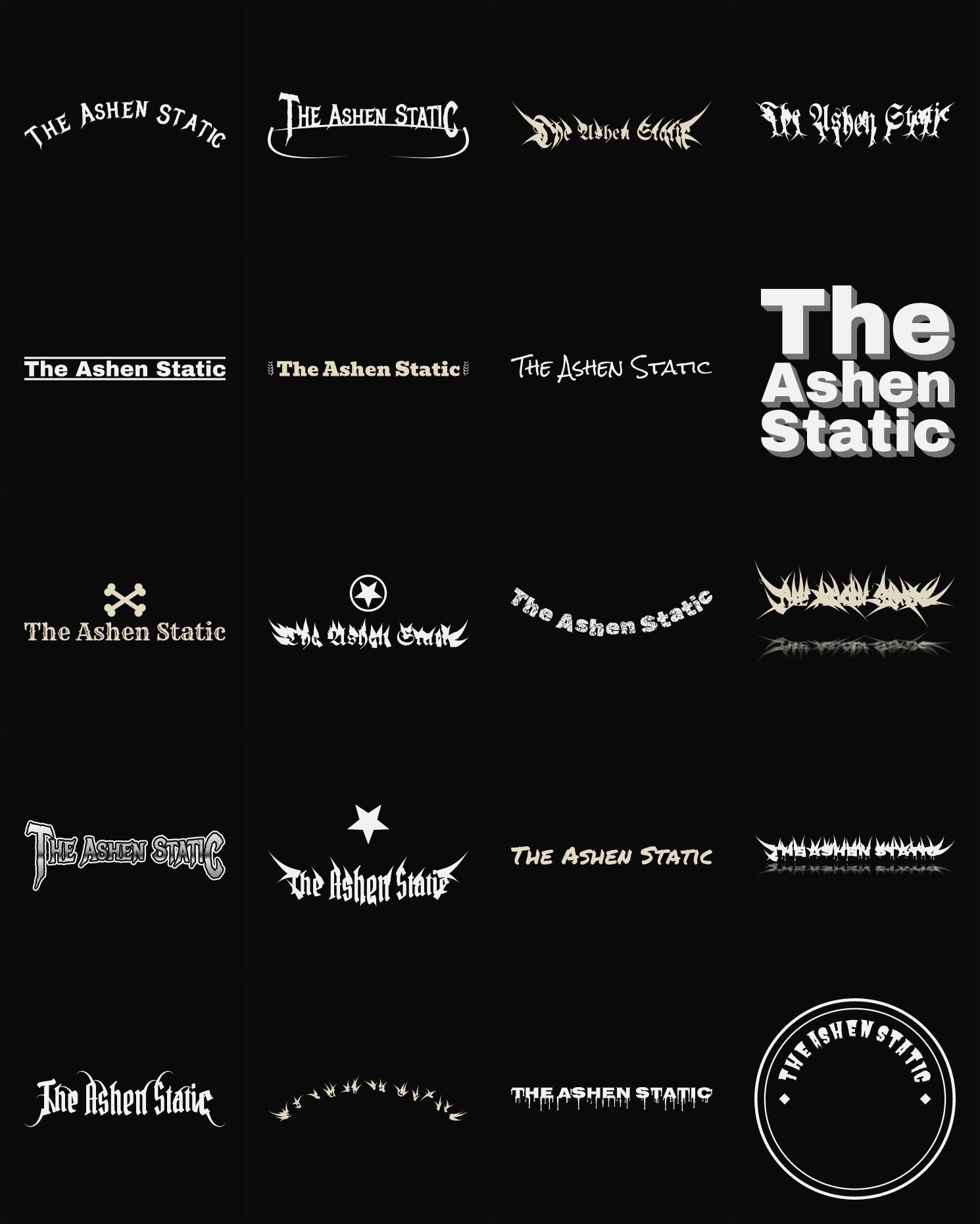 Twenty The Ashen Static band logo ideas — different faces, treatments and spike settings
