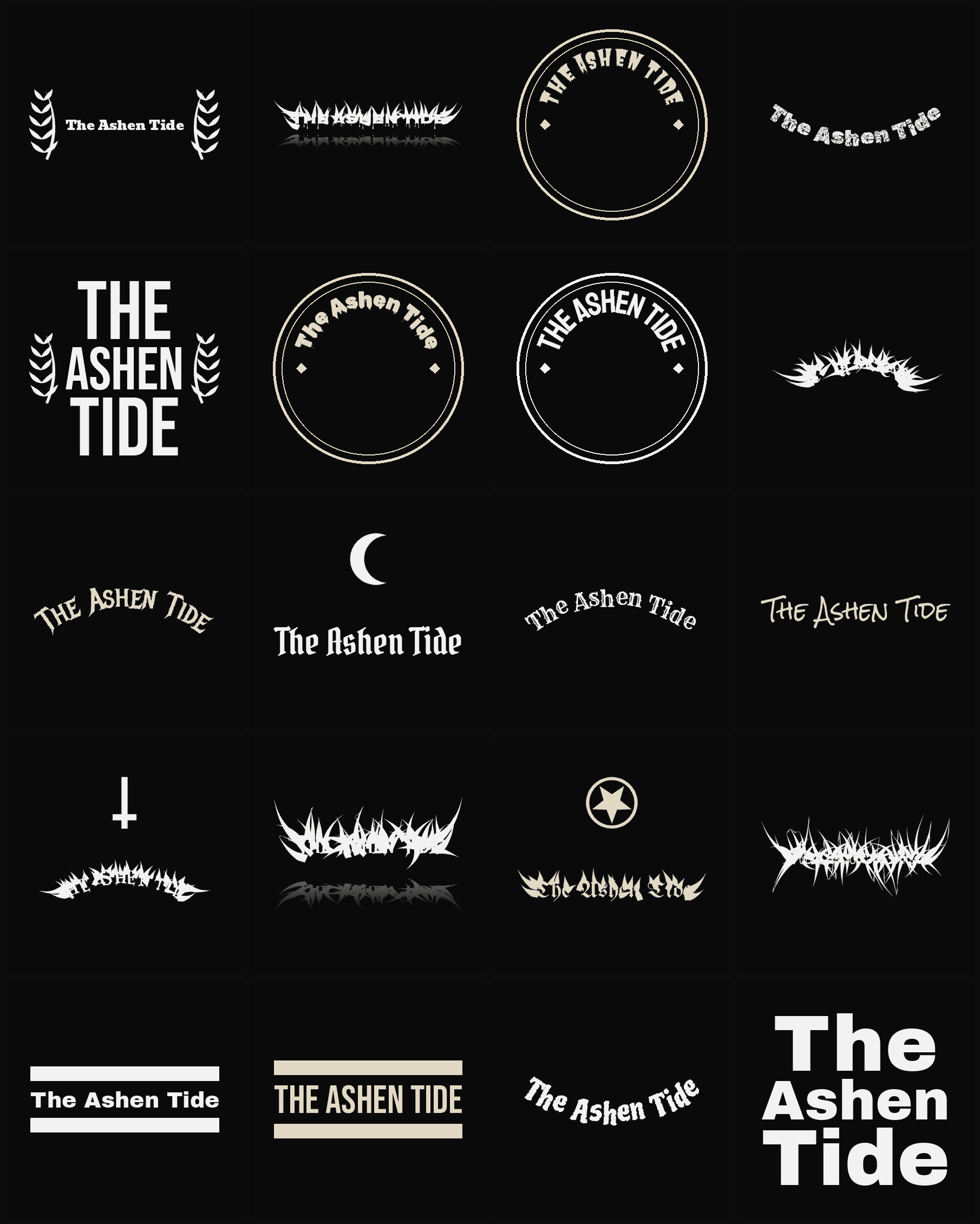 Twenty The Ashen Tide band logo ideas — different faces, treatments and spike settings