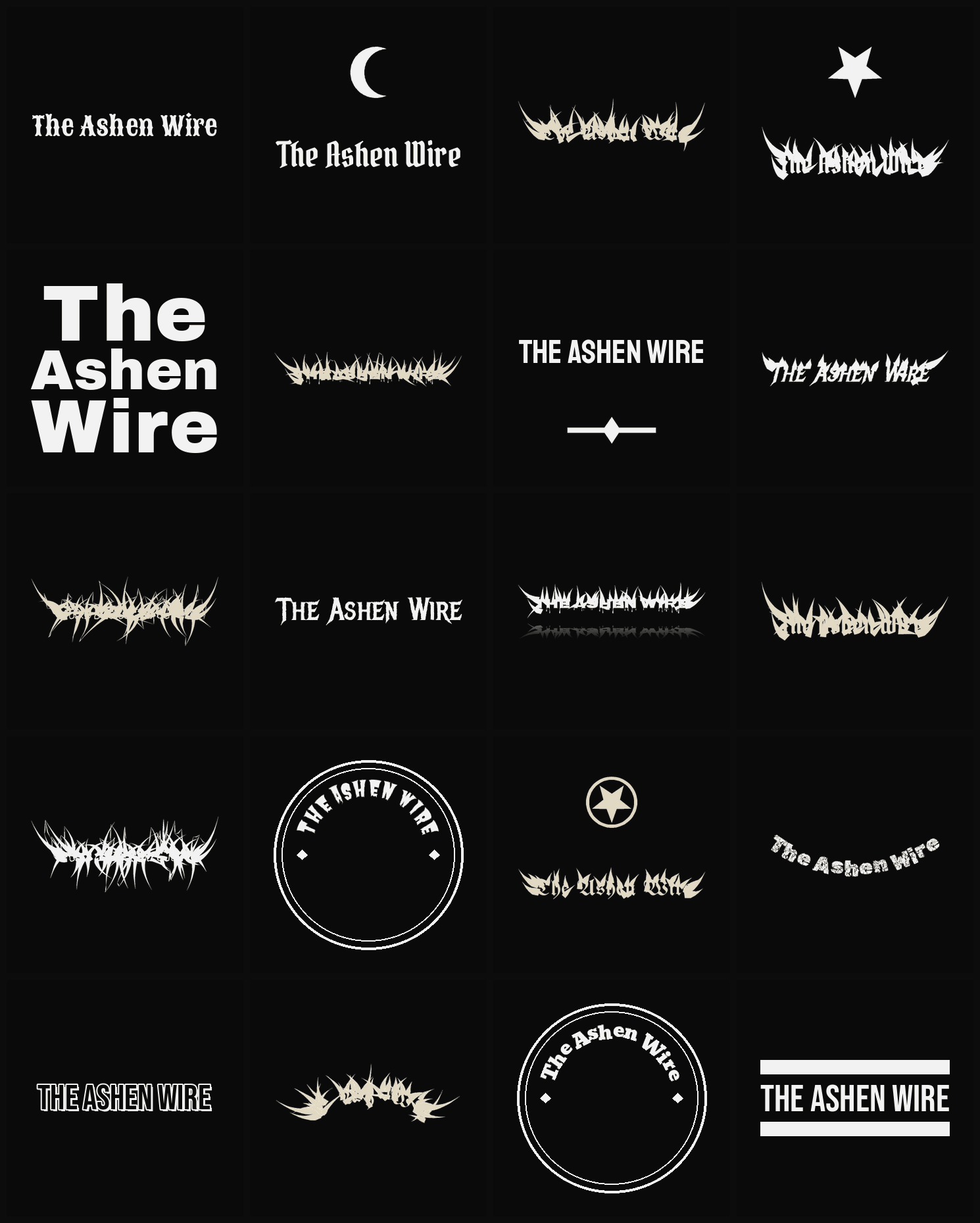 Twenty The Ashen Wire band logo ideas — different faces, treatments and spike settings