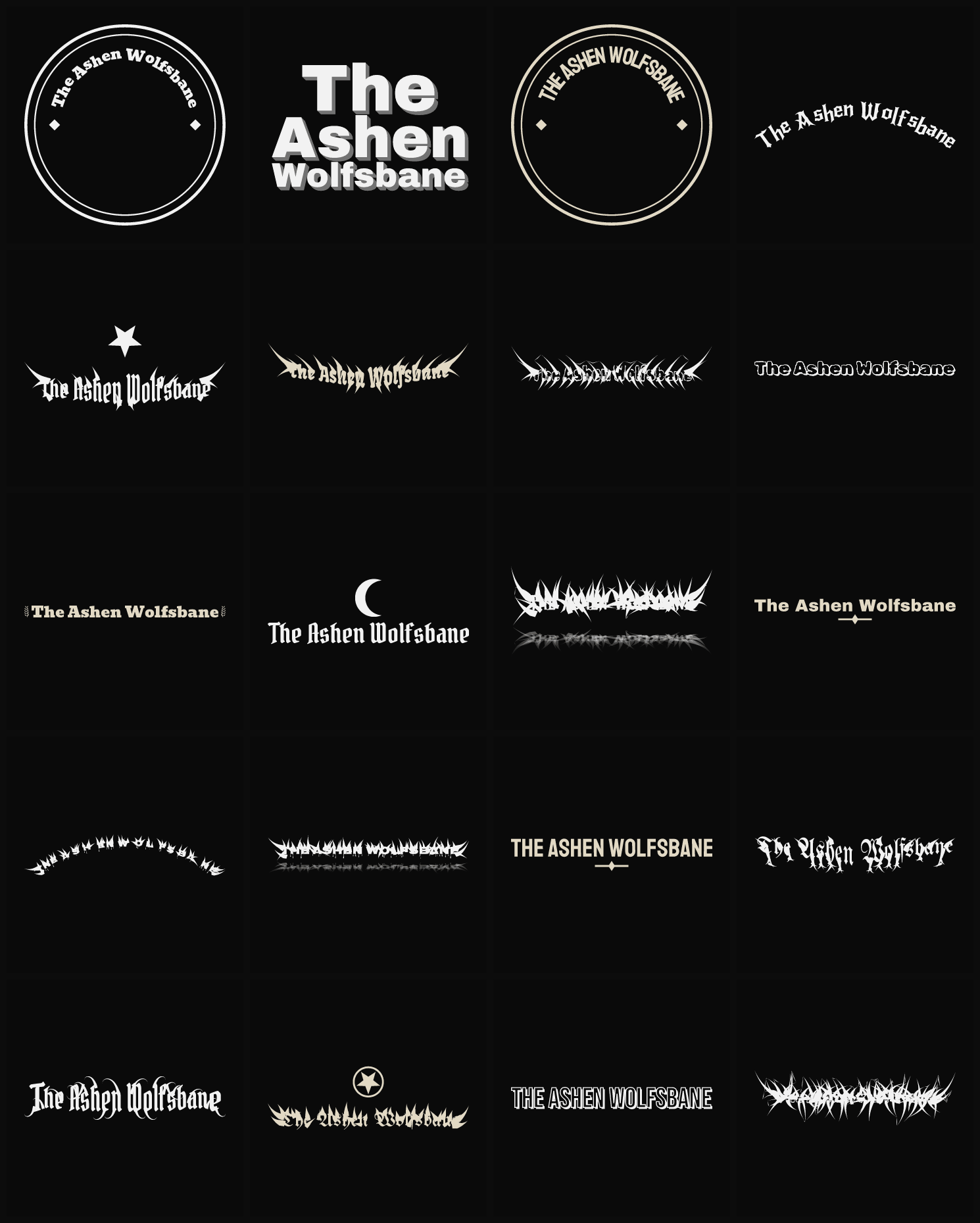 Twenty The Ashen Wolfsbane band logo ideas — different faces, treatments and spike settings