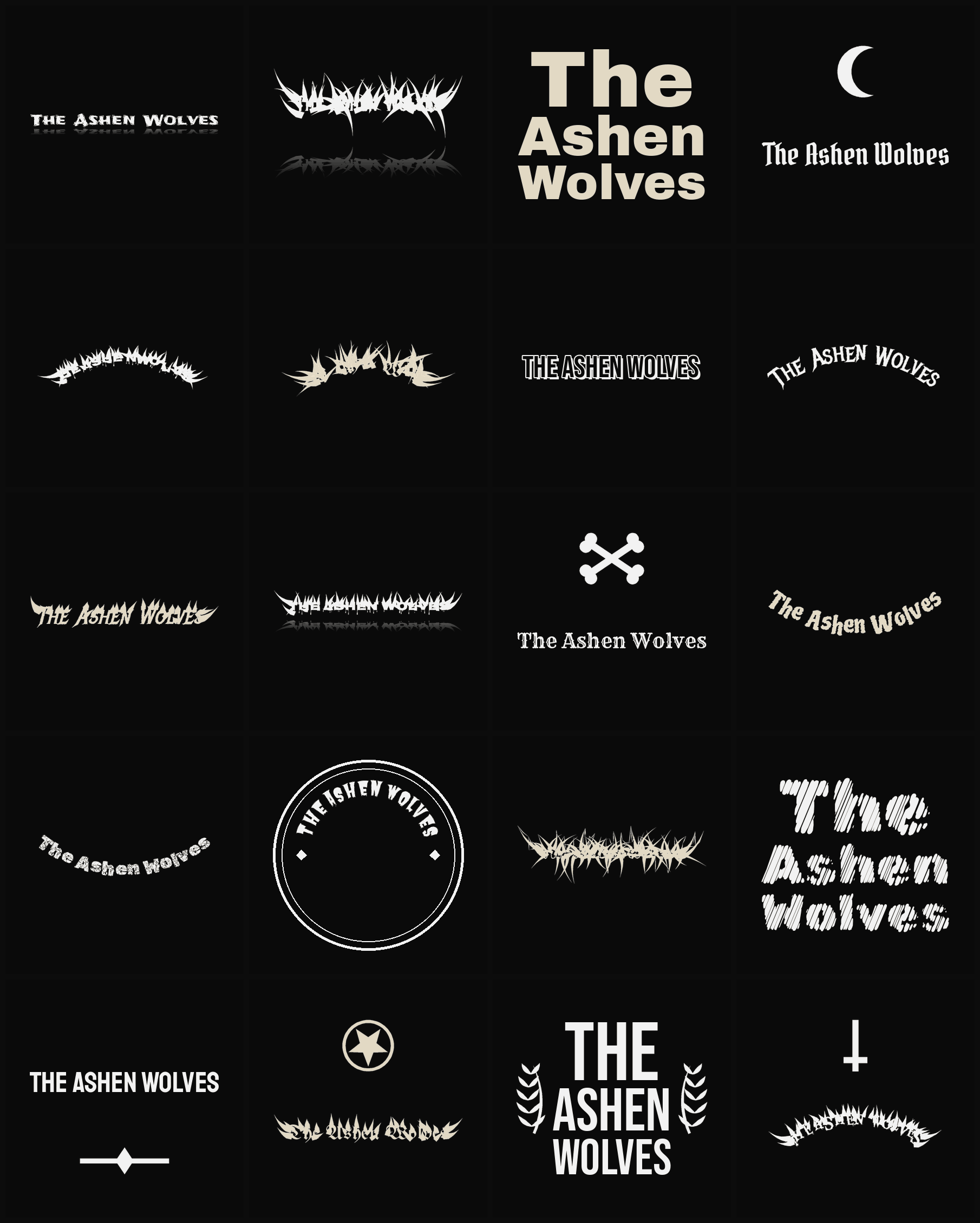 Twenty The Ashen Wolves band logo ideas — different faces, treatments and spike settings