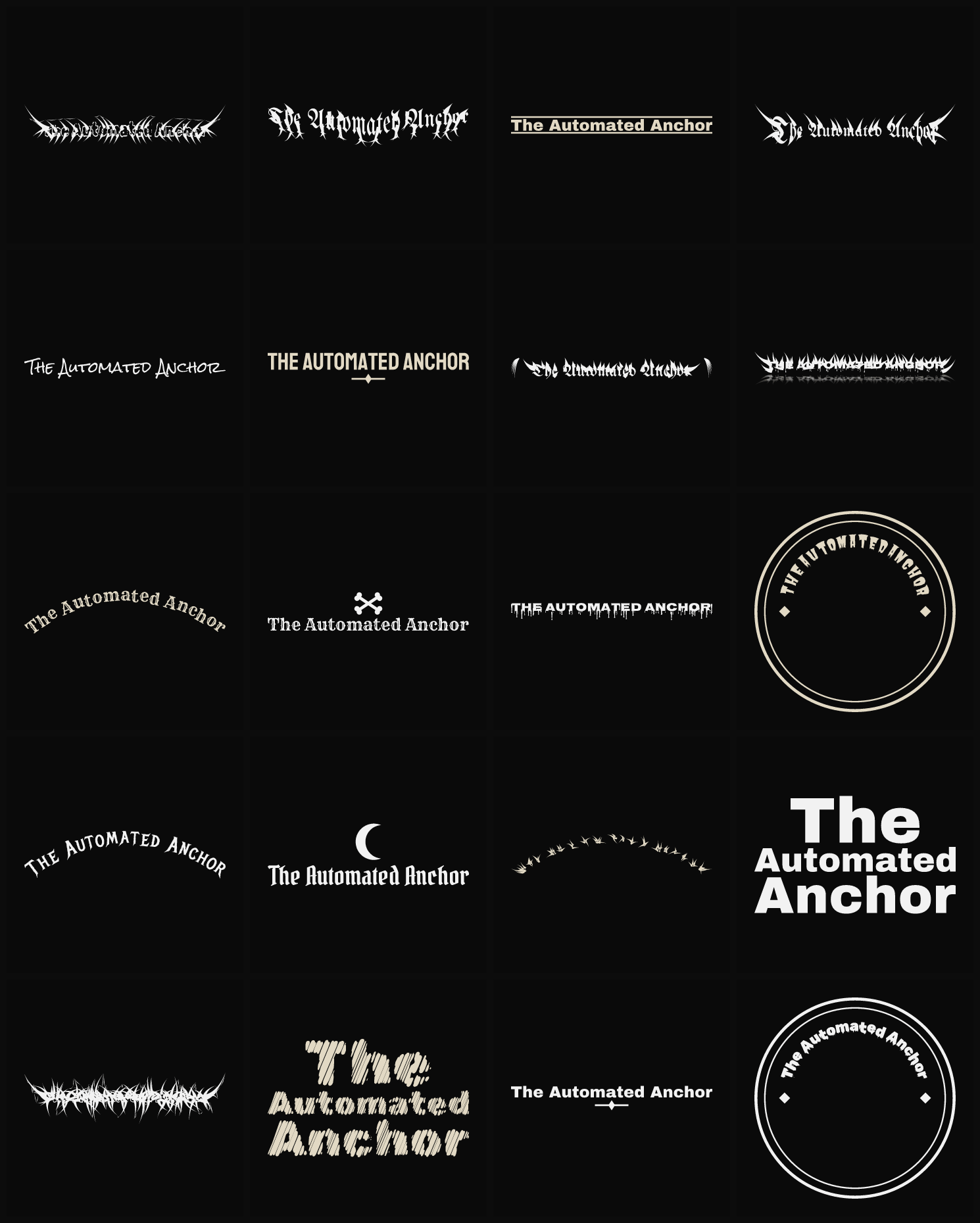 Twenty The Automated Anchor band logo ideas — different faces, treatments and spike settings