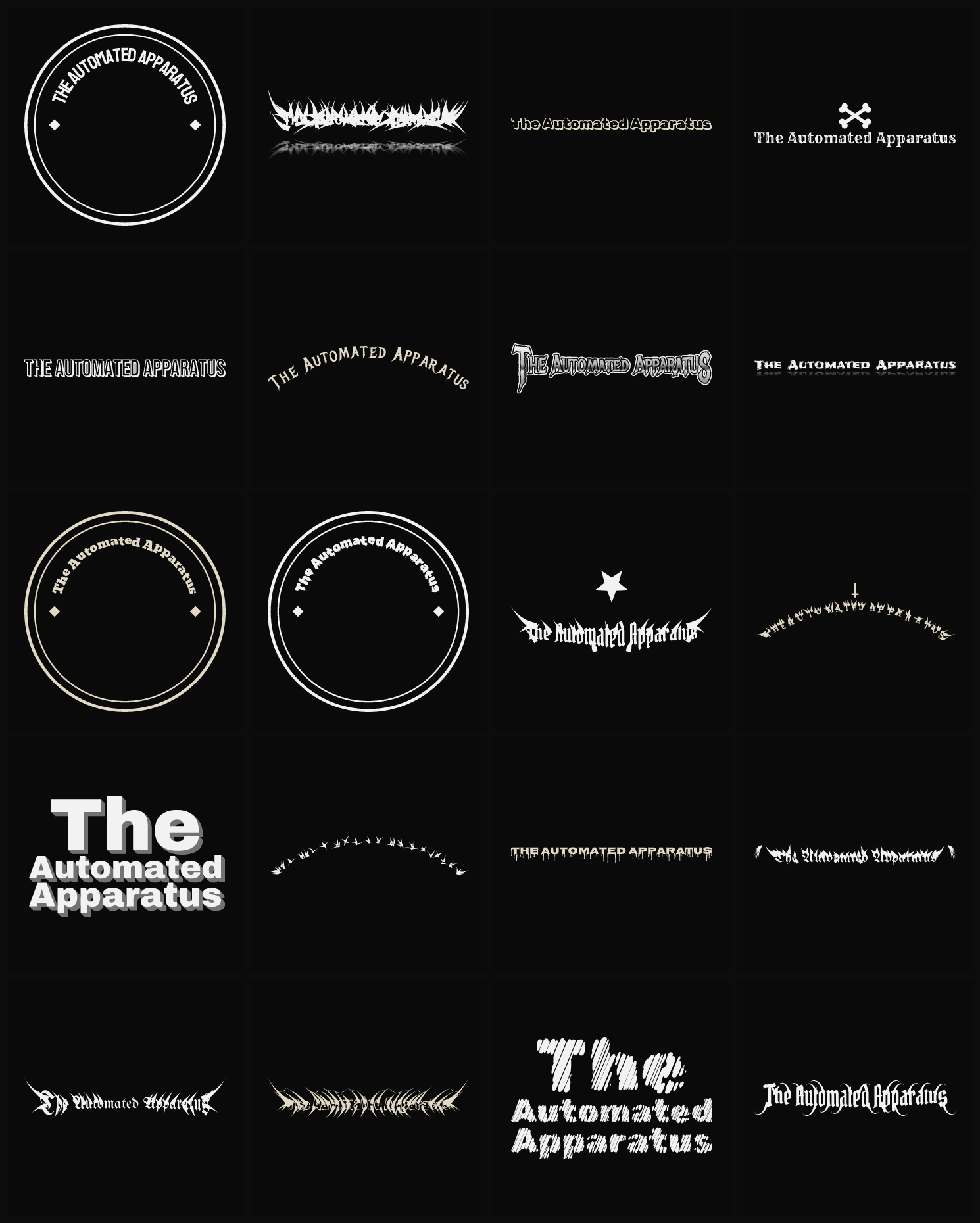 Twenty The Automated Apparatus band logo ideas — different faces, treatments and spike settings