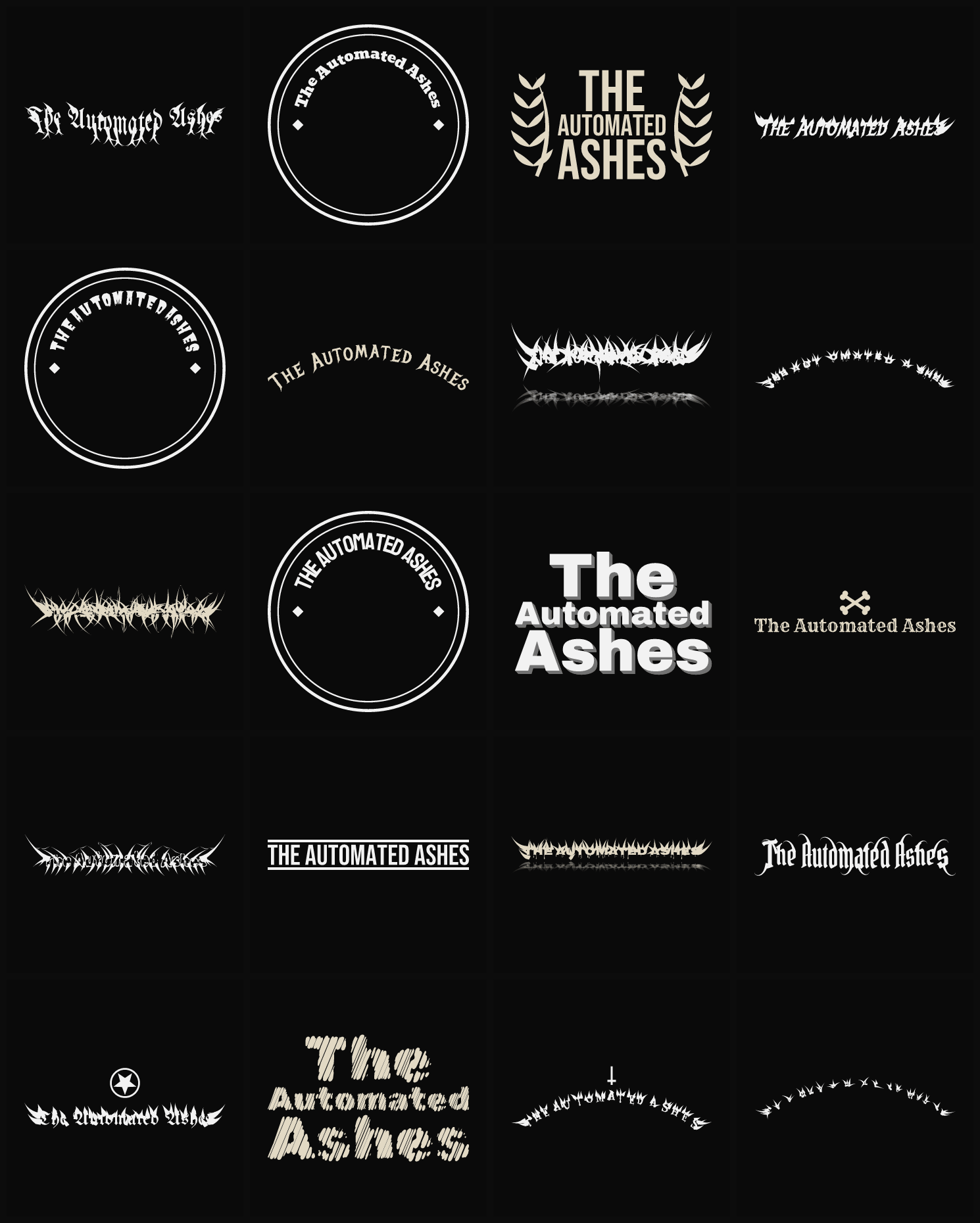 Twenty The Automated Ashes band logo ideas — different faces, treatments and spike settings