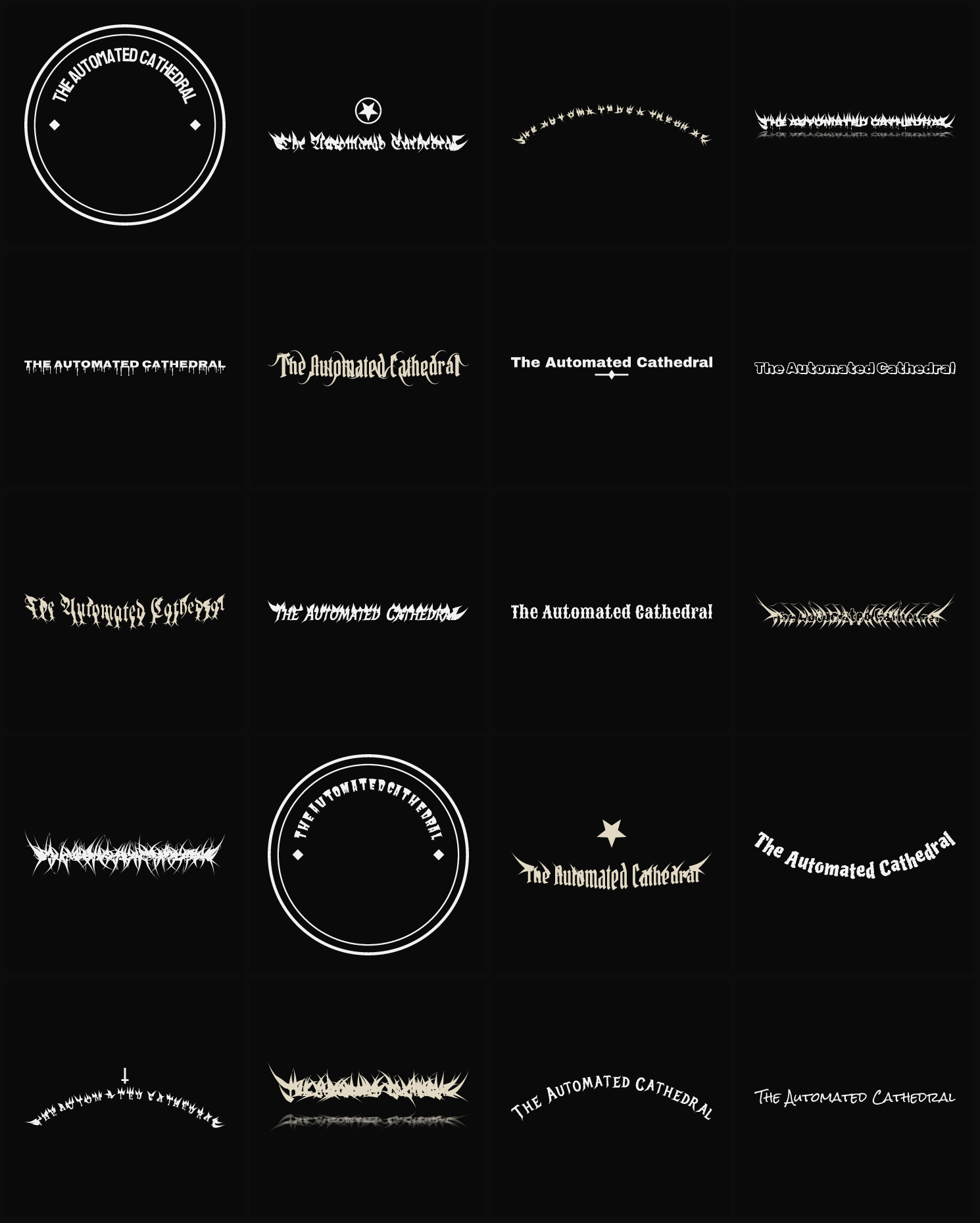 Twenty The Automated Cathedral band logo ideas — different faces, treatments and spike settings