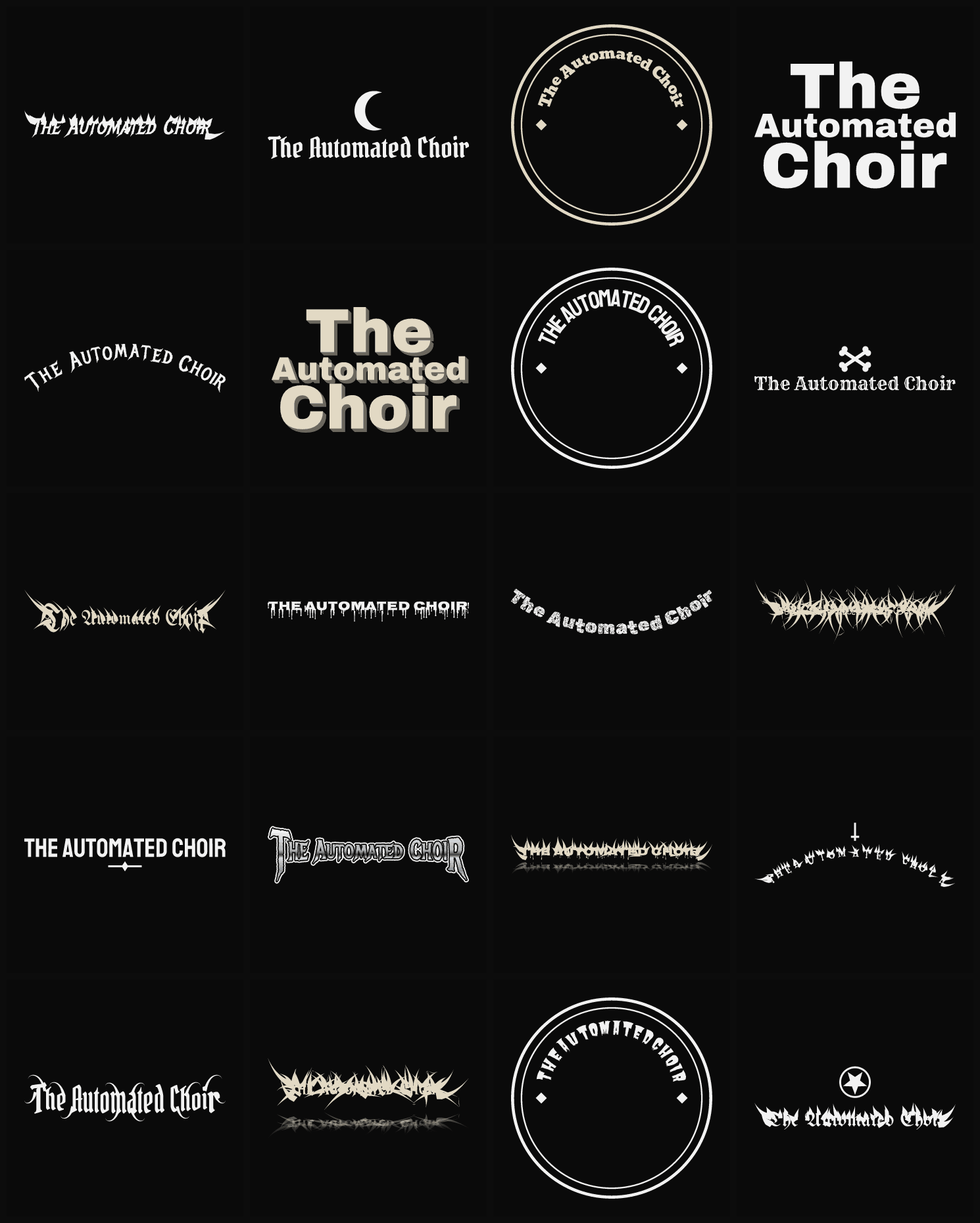 Twenty The Automated Choir band logo ideas — different faces, treatments and spike settings