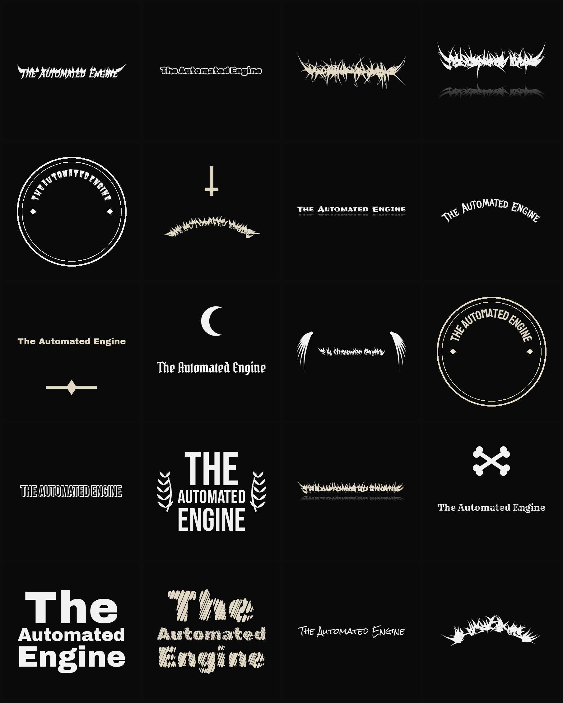 Twenty The Automated Engine band logo ideas — different faces, treatments and spike settings
