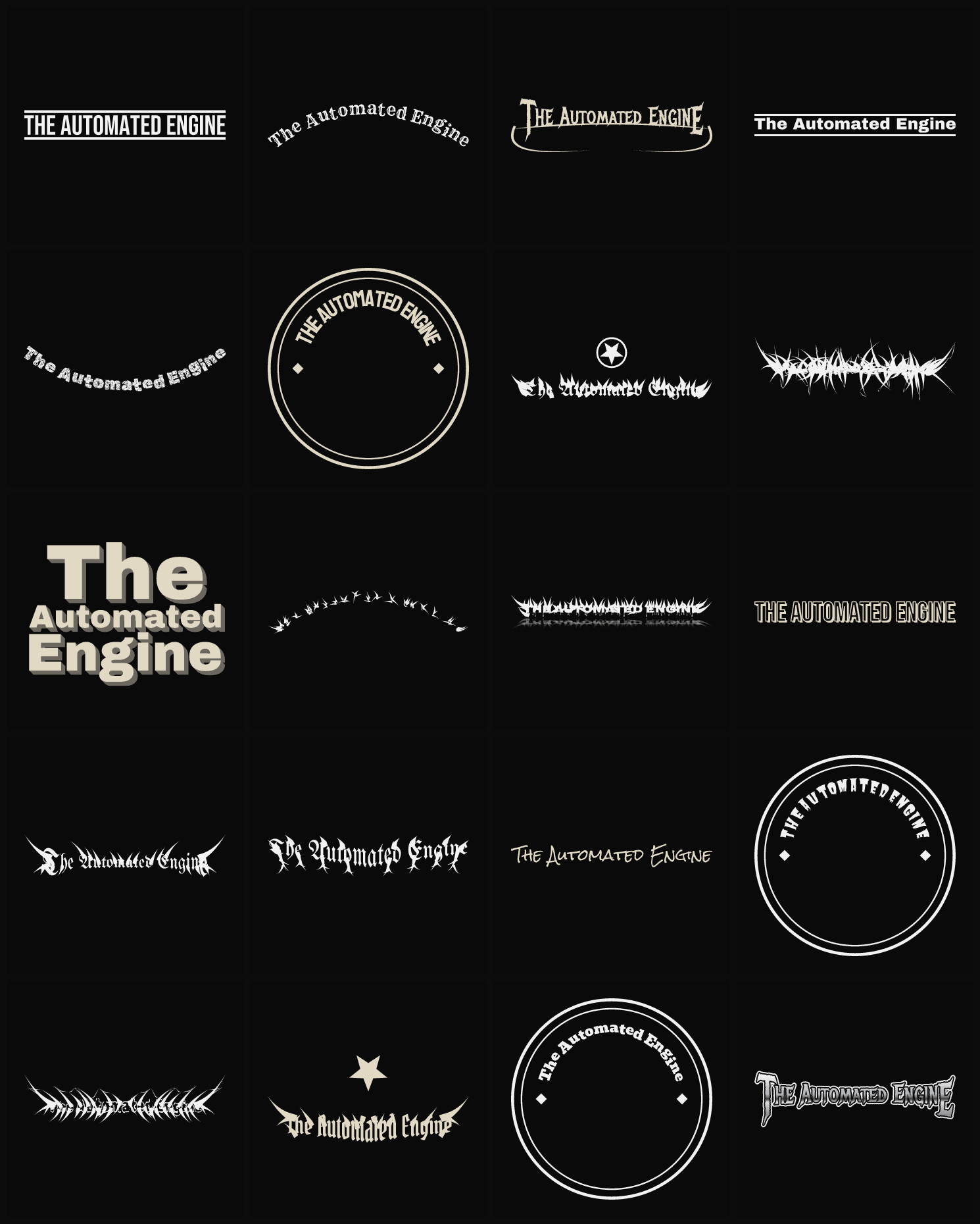 Twenty The Automated Engine band logo ideas — different faces, treatments and spike settings