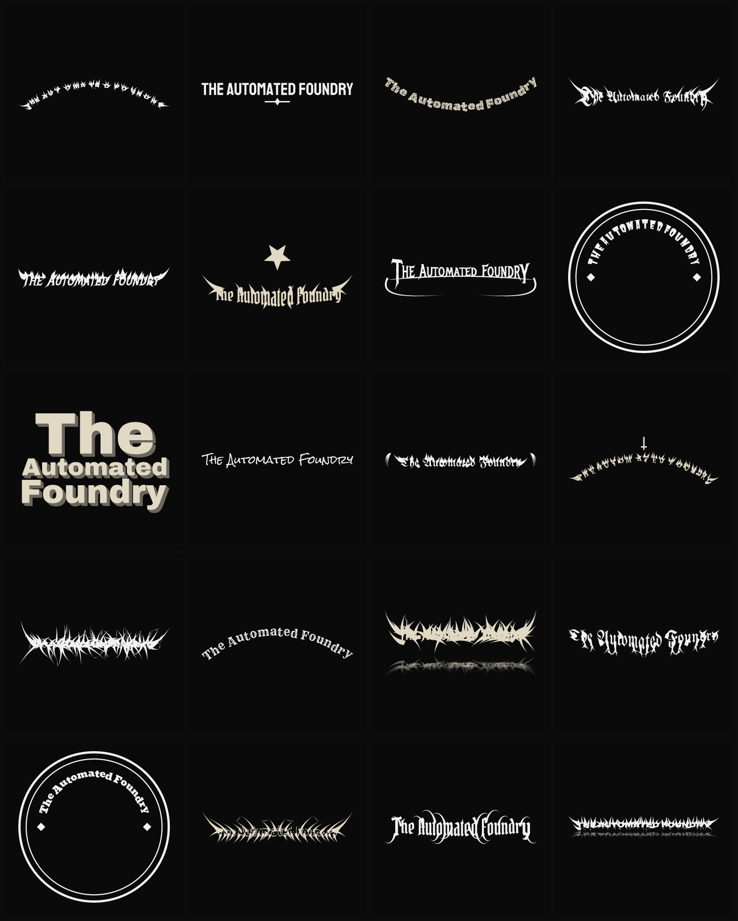 Twenty The Automated Foundry band logo ideas — different faces, treatments and spike settings