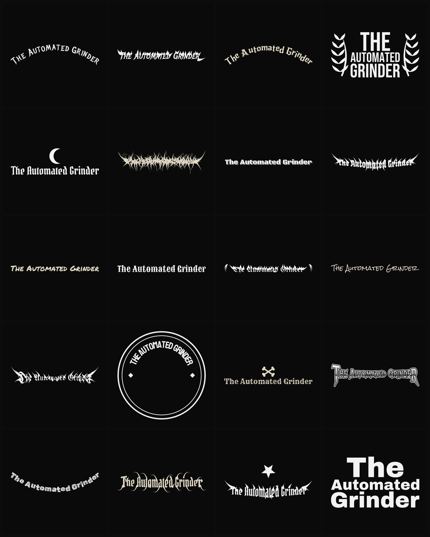 Twenty The Automated Grinder band logo ideas — different faces, treatments and spike settings