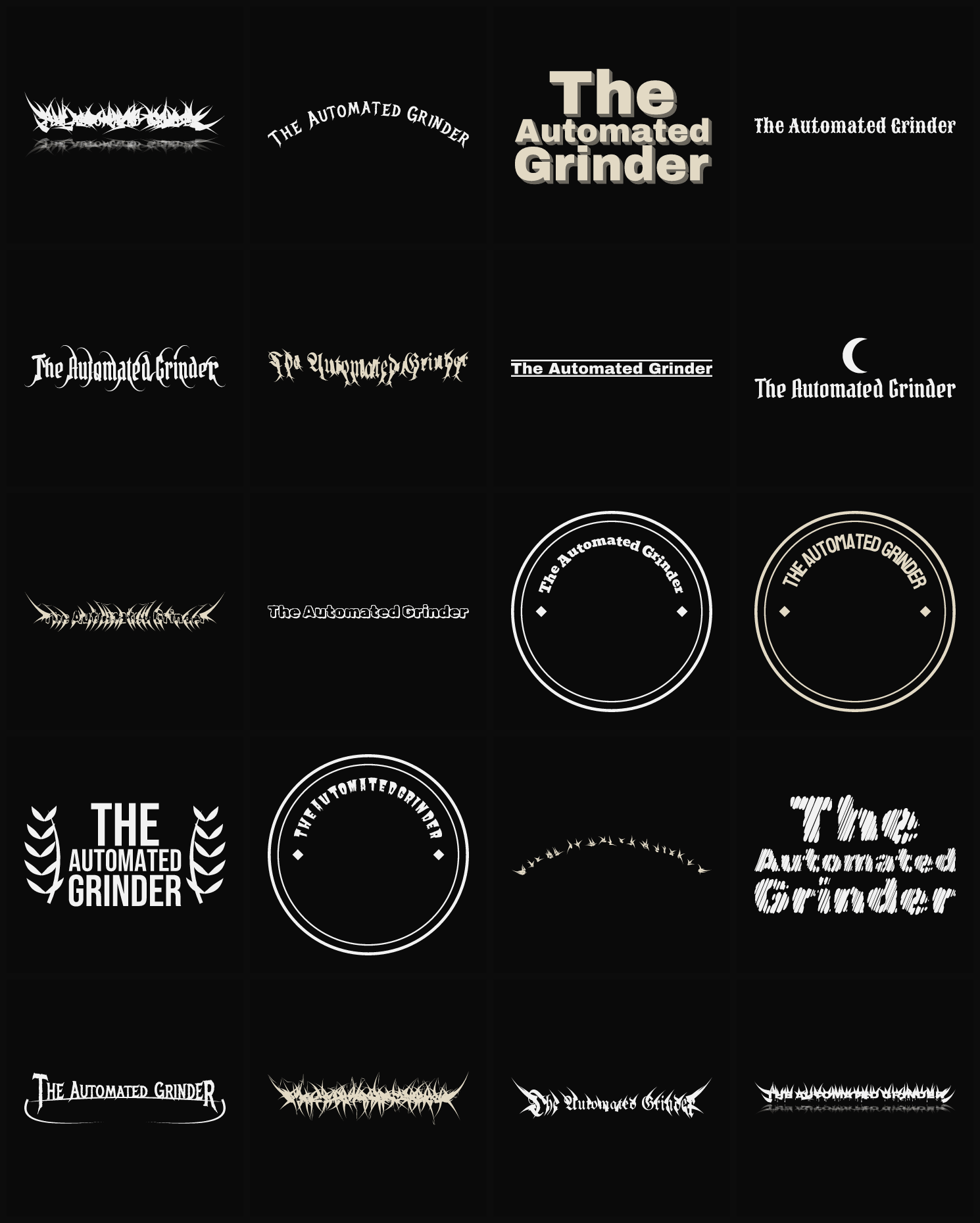 Twenty The Automated Grinder band logo ideas — different faces, treatments and spike settings