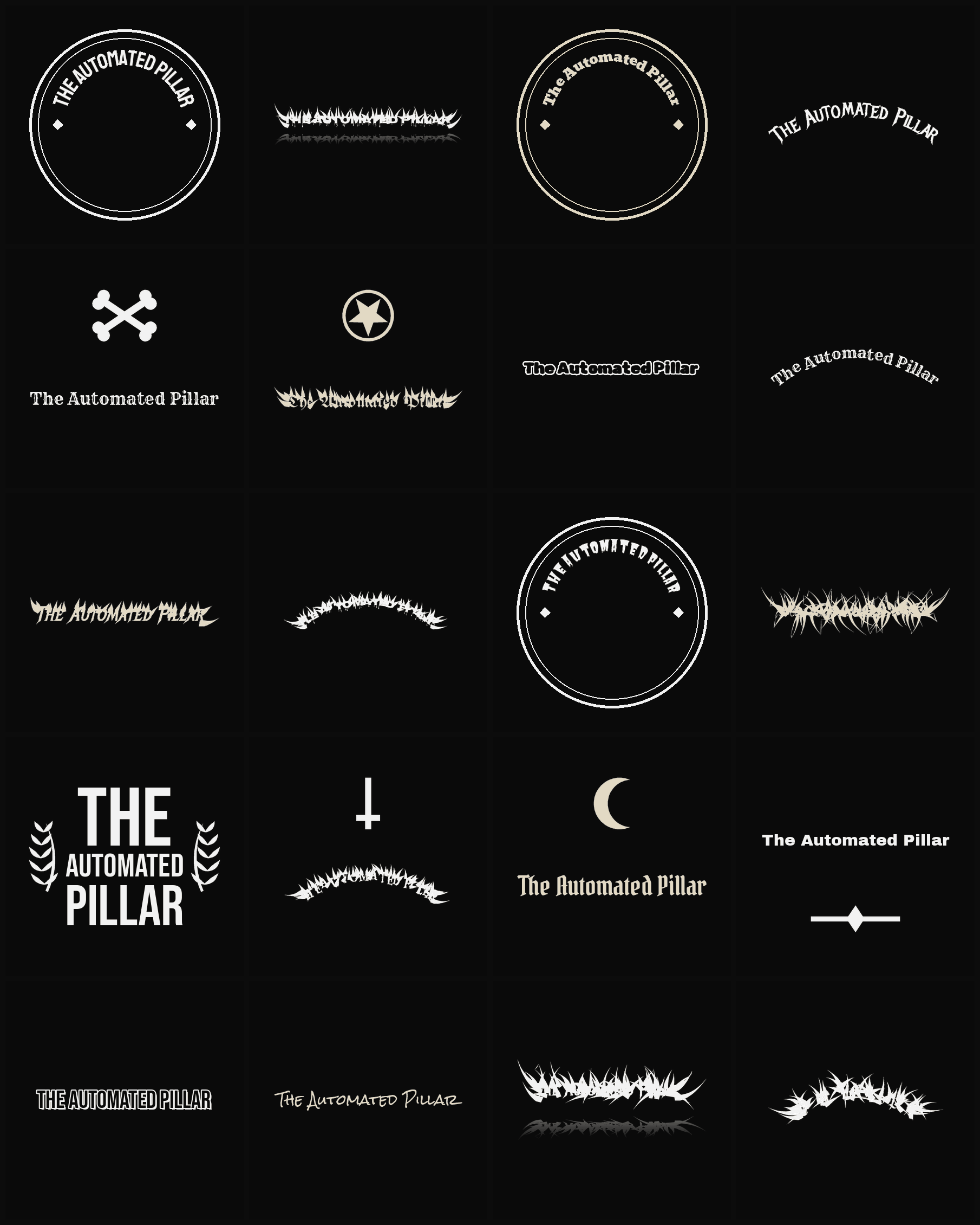 Twenty The Automated Pillar band logo ideas — different faces, treatments and spike settings