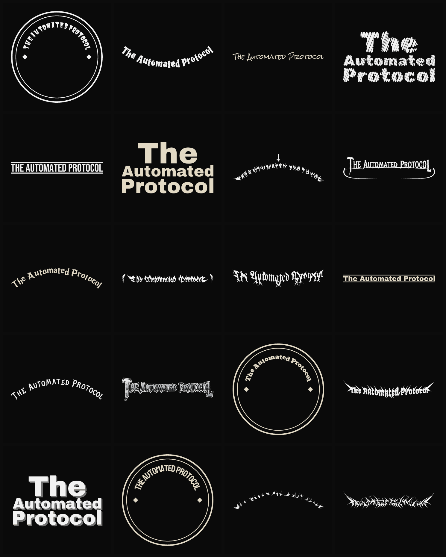 Twenty The Automated Protocol band logo ideas — different faces, treatments and spike settings