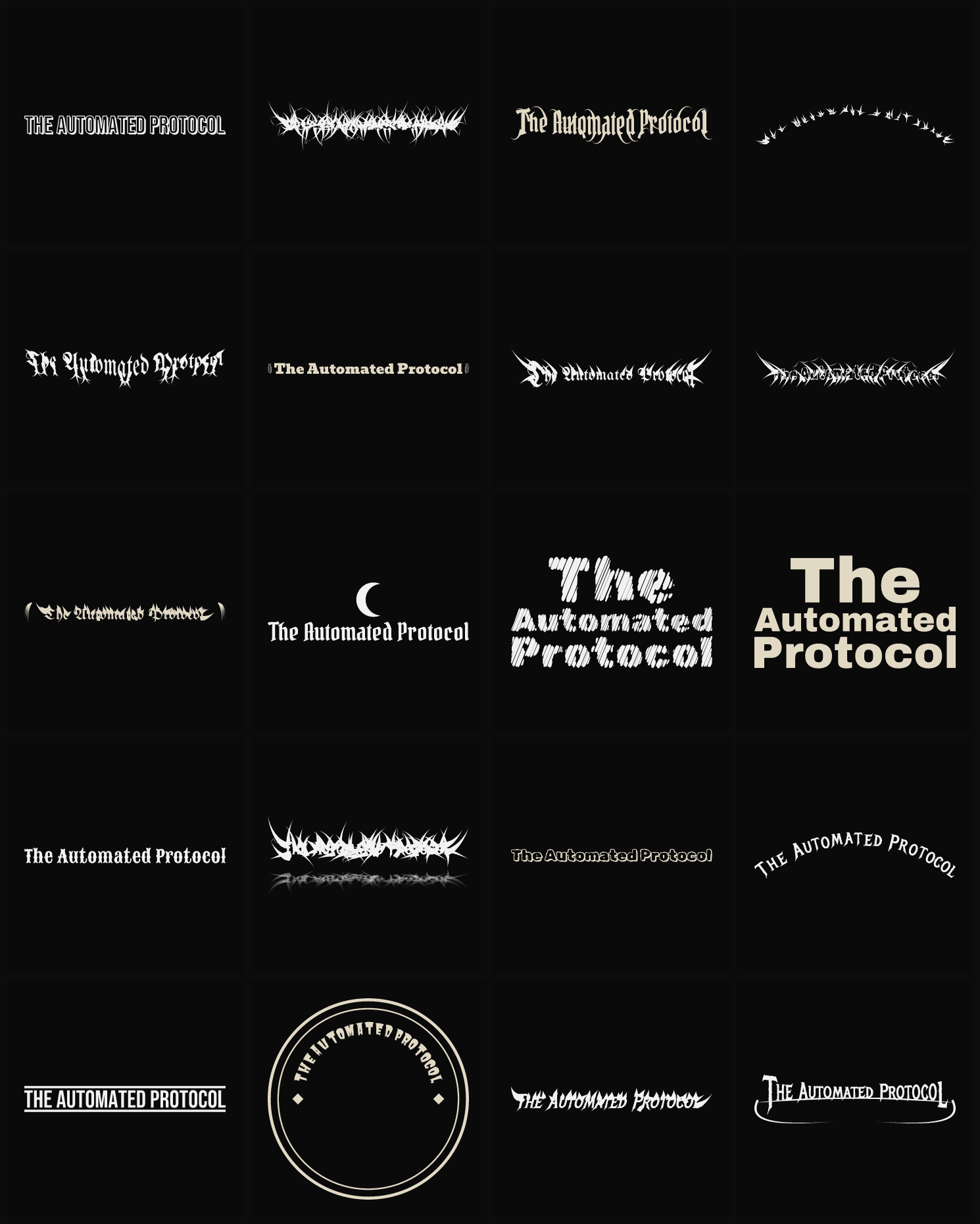 Twenty The Automated Protocol band logo ideas — different faces, treatments and spike settings