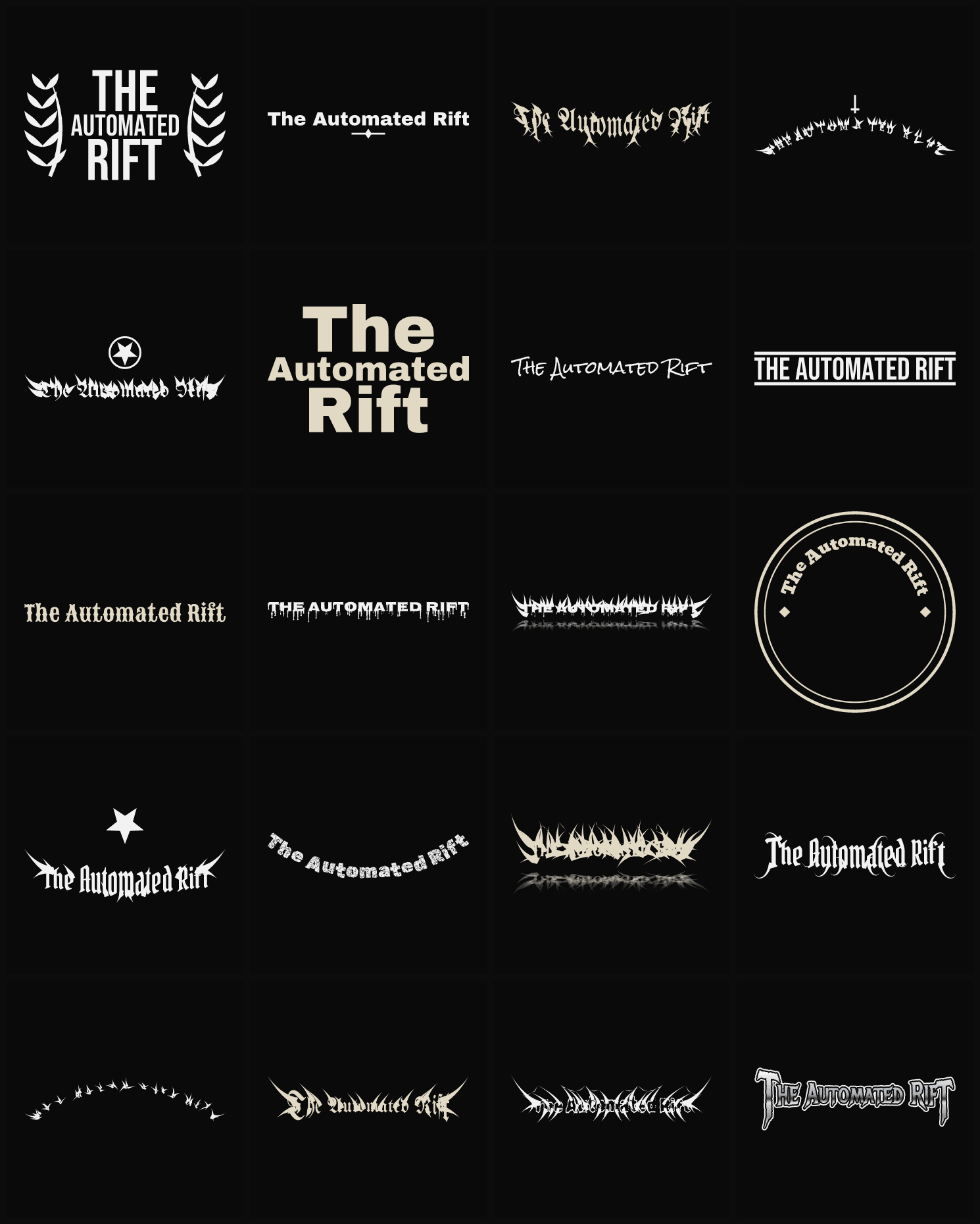 Twenty The Automated Rift band logo ideas — different faces, treatments and spike settings