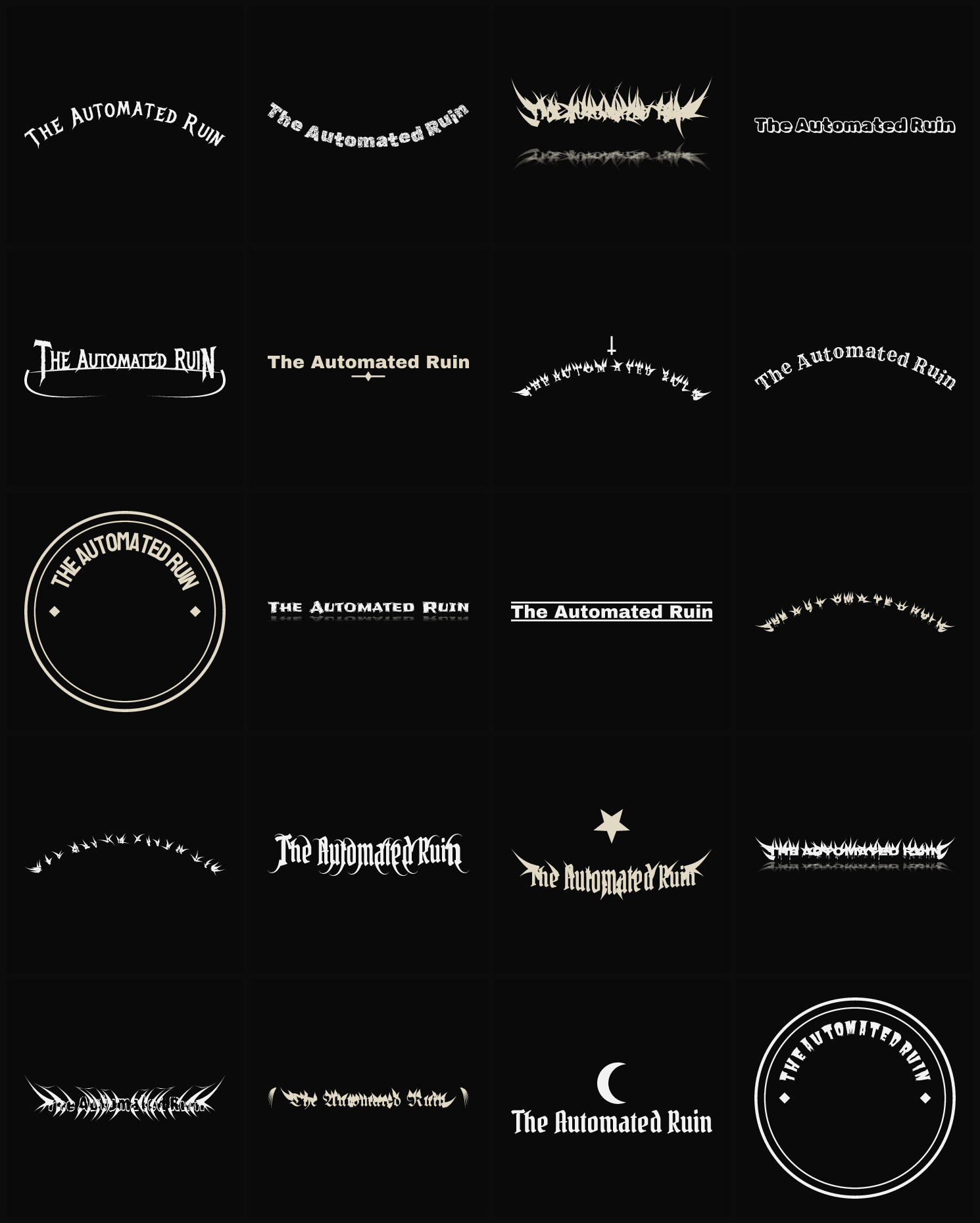 Twenty The Automated Ruin band logo ideas — different faces, treatments and spike settings