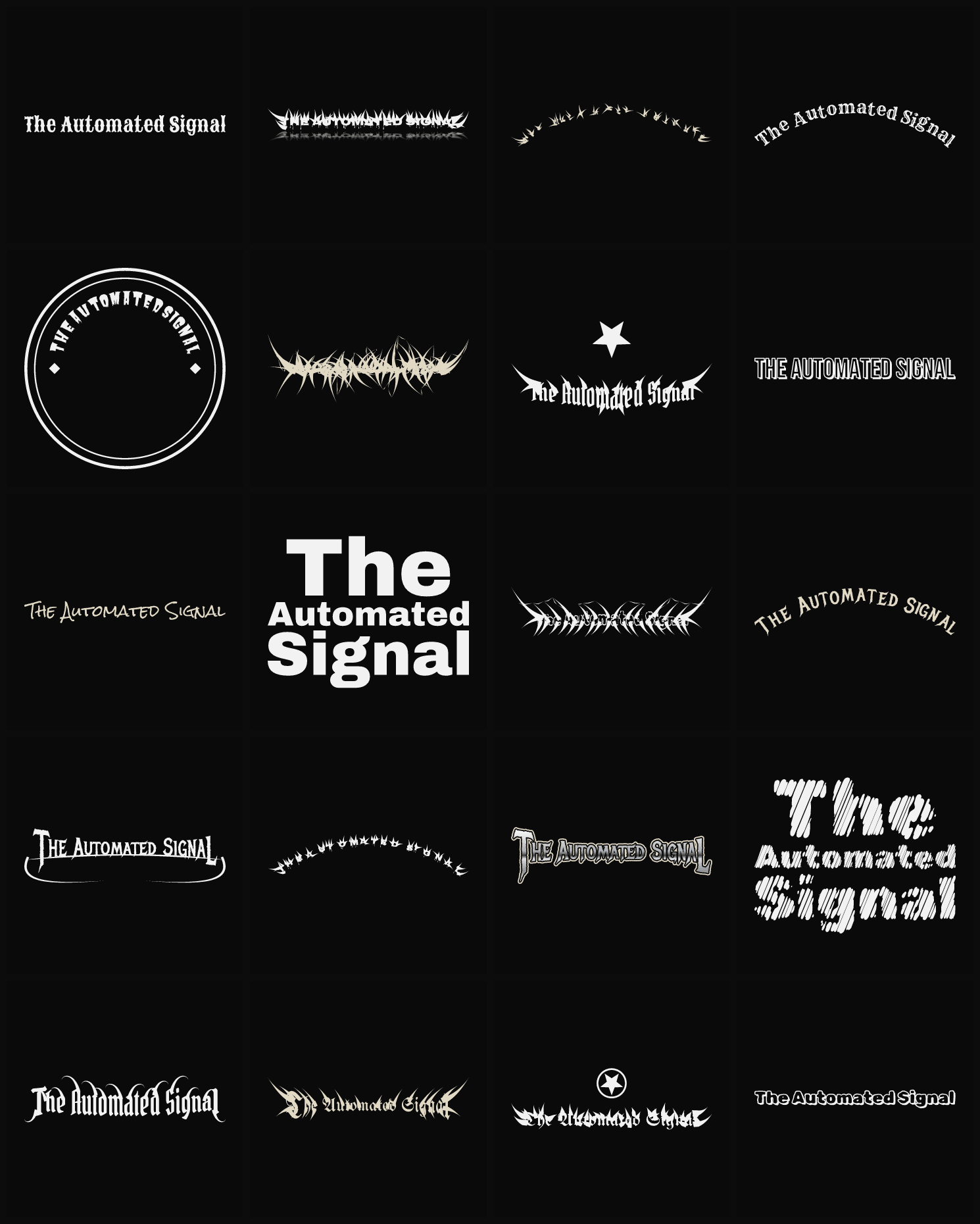 Twenty The Automated Signal band logo ideas — different faces, treatments and spike settings