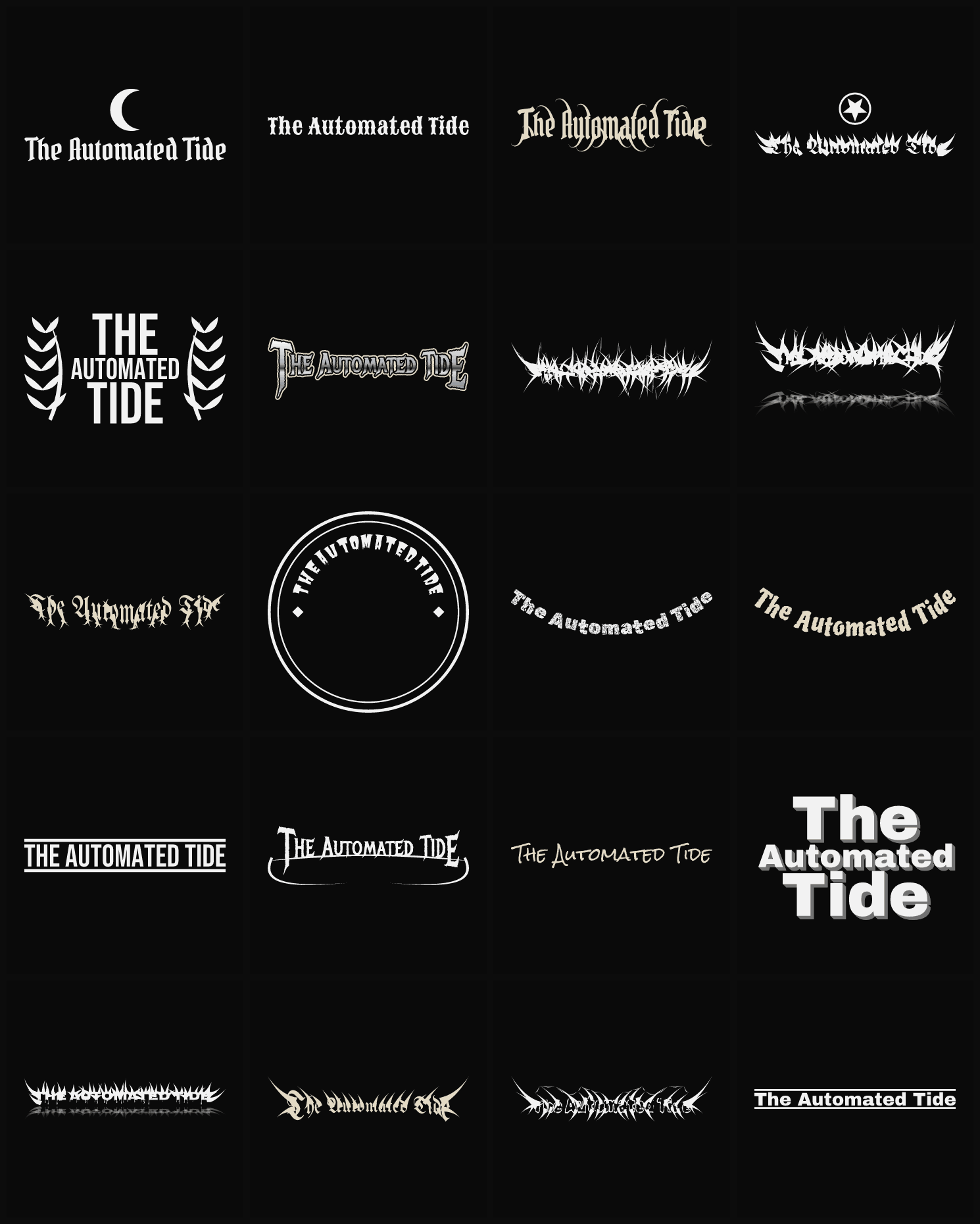 Twenty The Automated Tide band logo ideas — different faces, treatments and spike settings