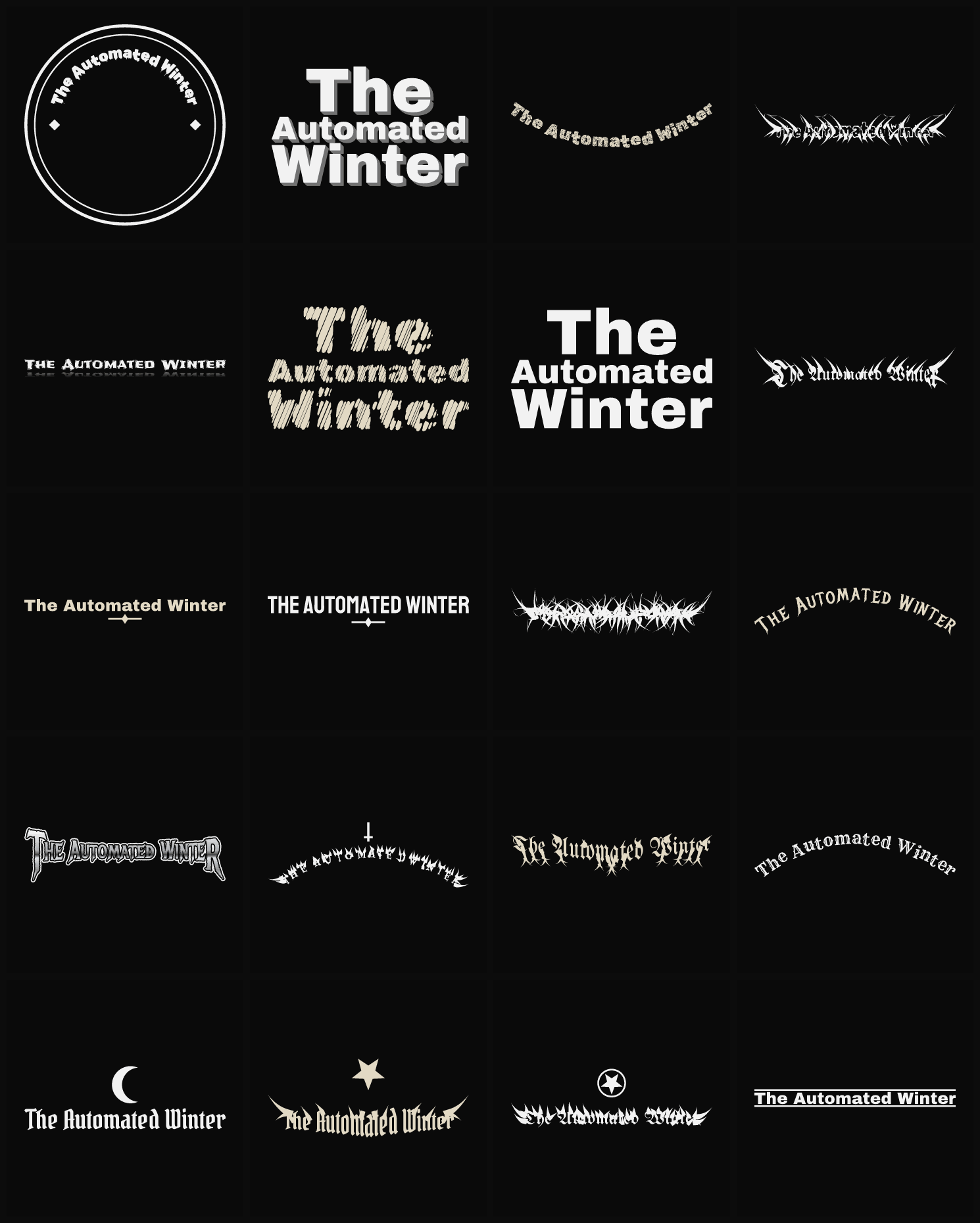 Twenty The Automated Winter band logo ideas — different faces, treatments and spike settings