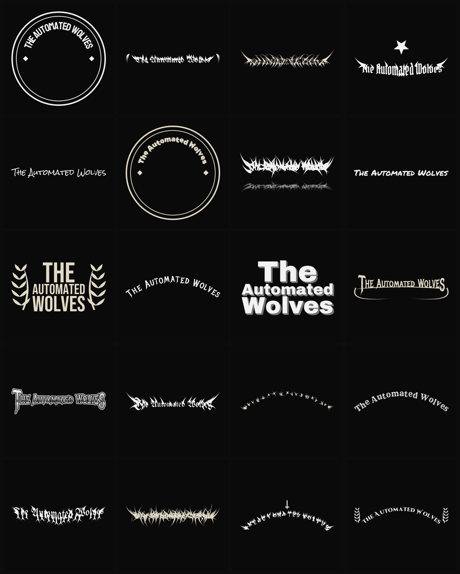 Twenty The Automated Wolves band logo ideas — different faces, treatments and spike settings