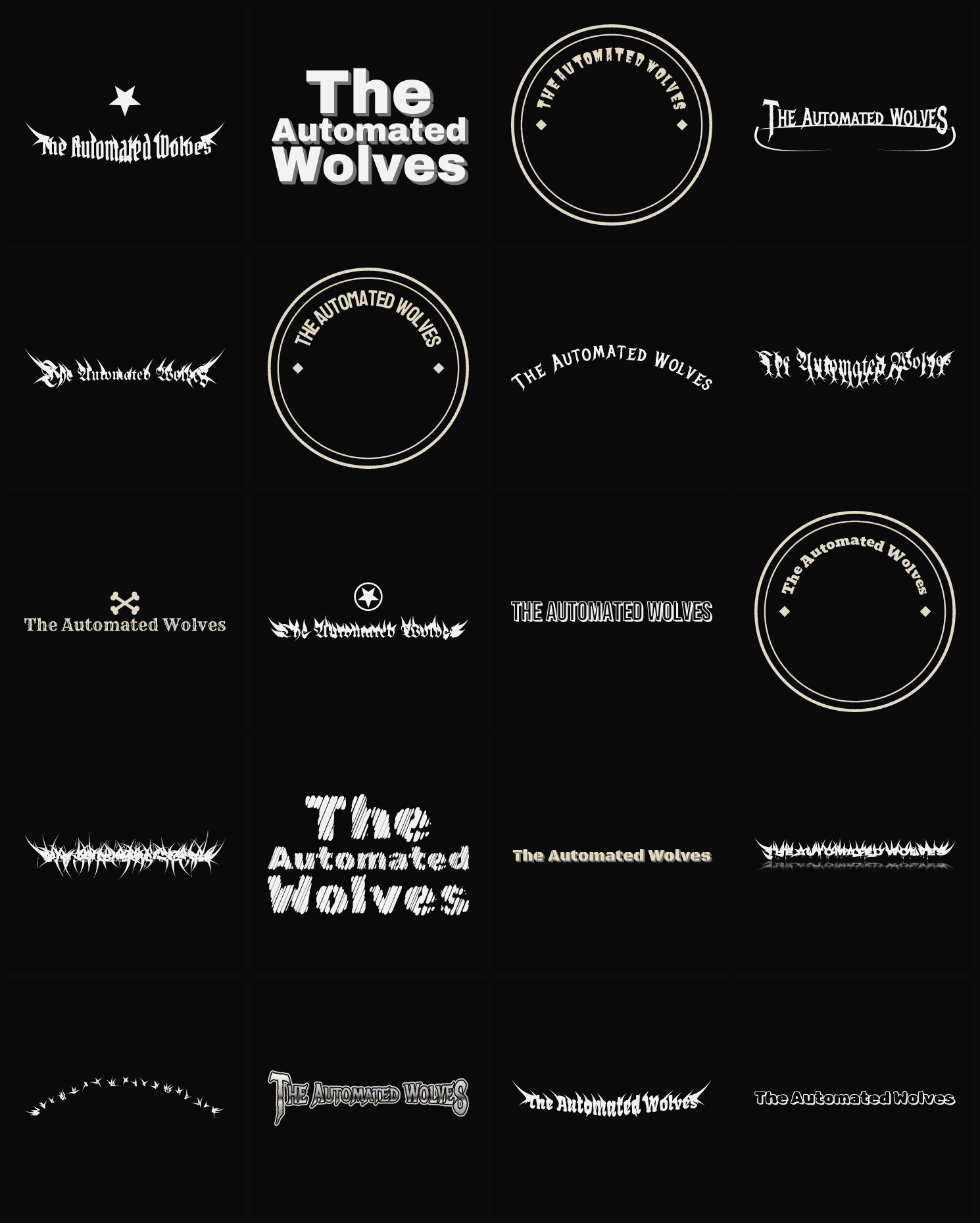Twenty The Automated Wolves band logo ideas — different faces, treatments and spike settings