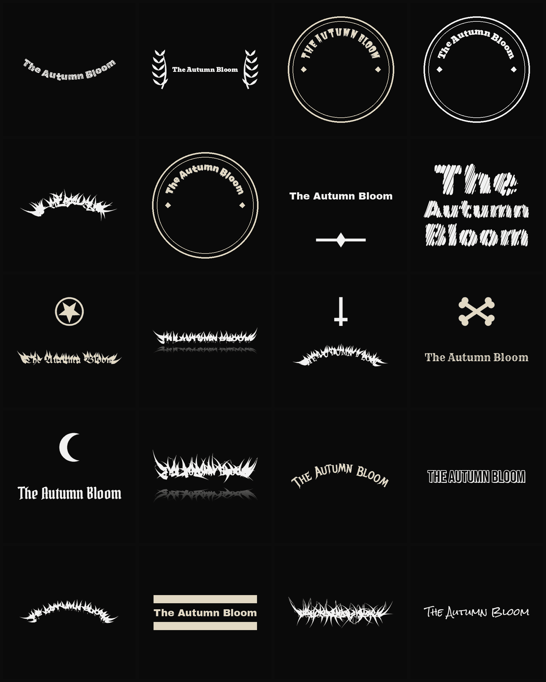 Twenty The Autumn Bloom band logo ideas — different faces, treatments and spike settings