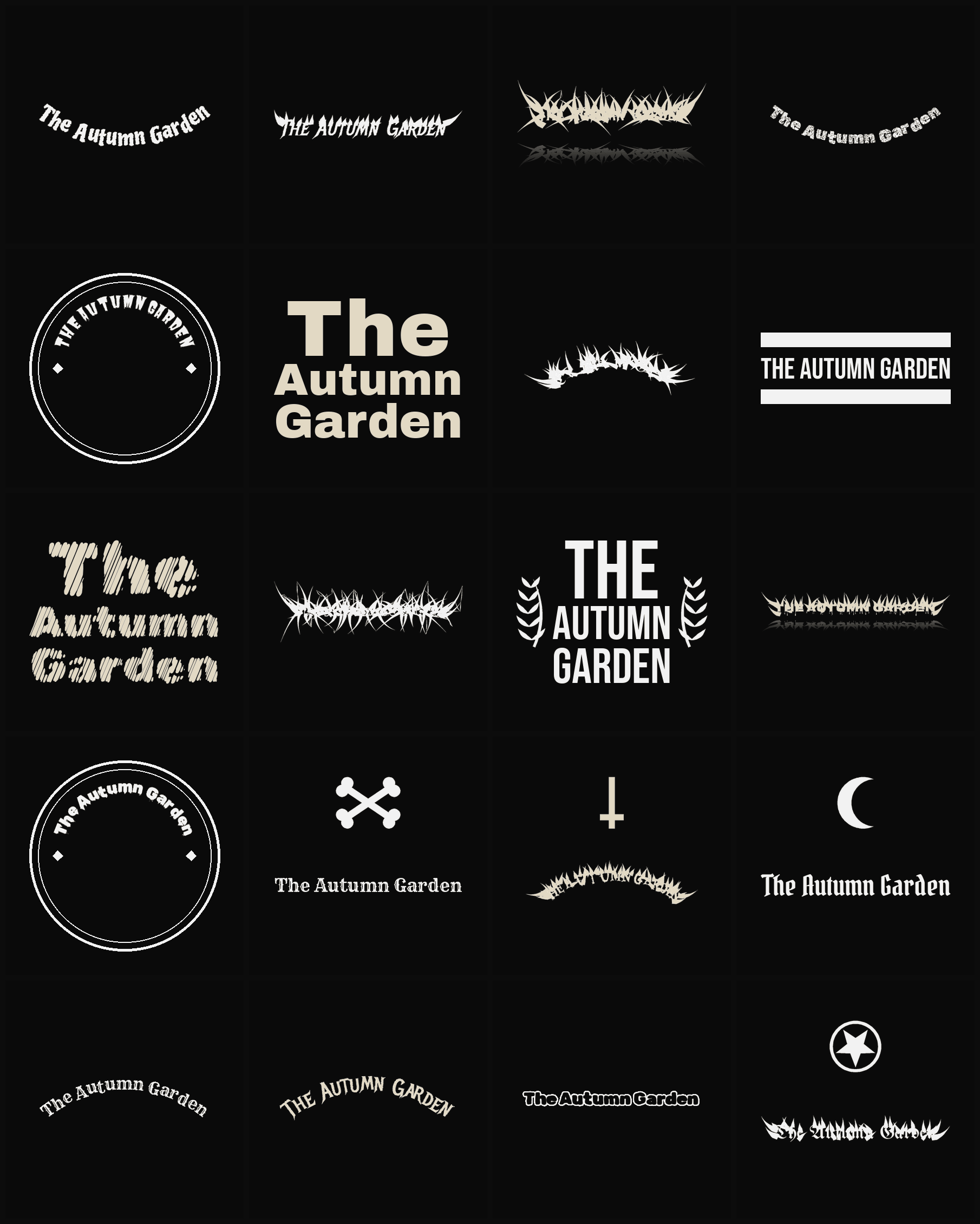 Twenty The Autumn Garden band logo ideas — different faces, treatments and spike settings