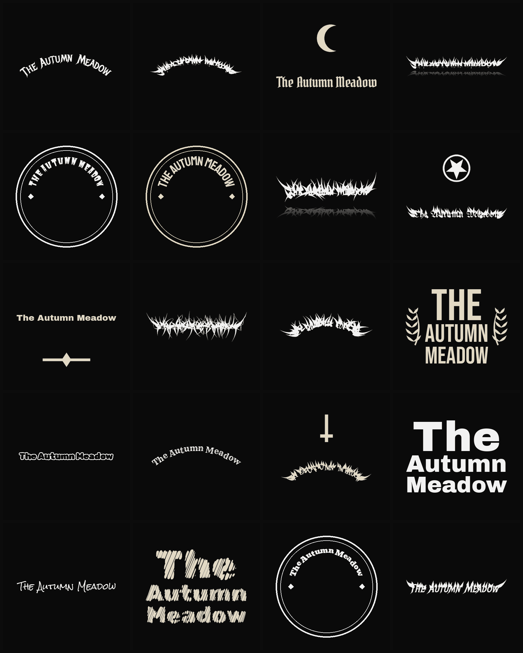 Twenty The Autumn Meadow band logo ideas — different faces, treatments and spike settings