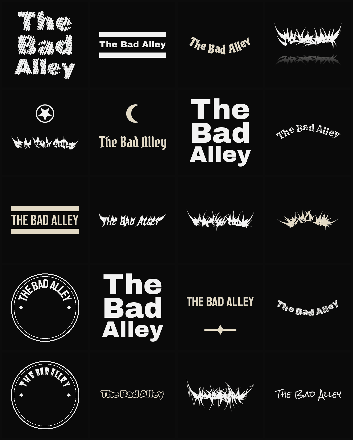 Twenty The Bad Alley band logo ideas — different faces, treatments and spike settings
