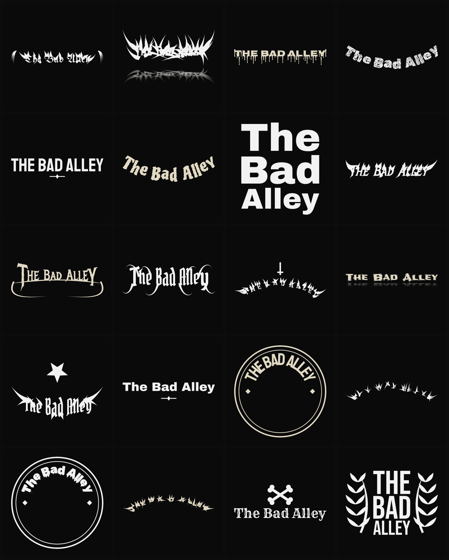 Twenty The Bad Alley band logo ideas — different faces, treatments and spike settings