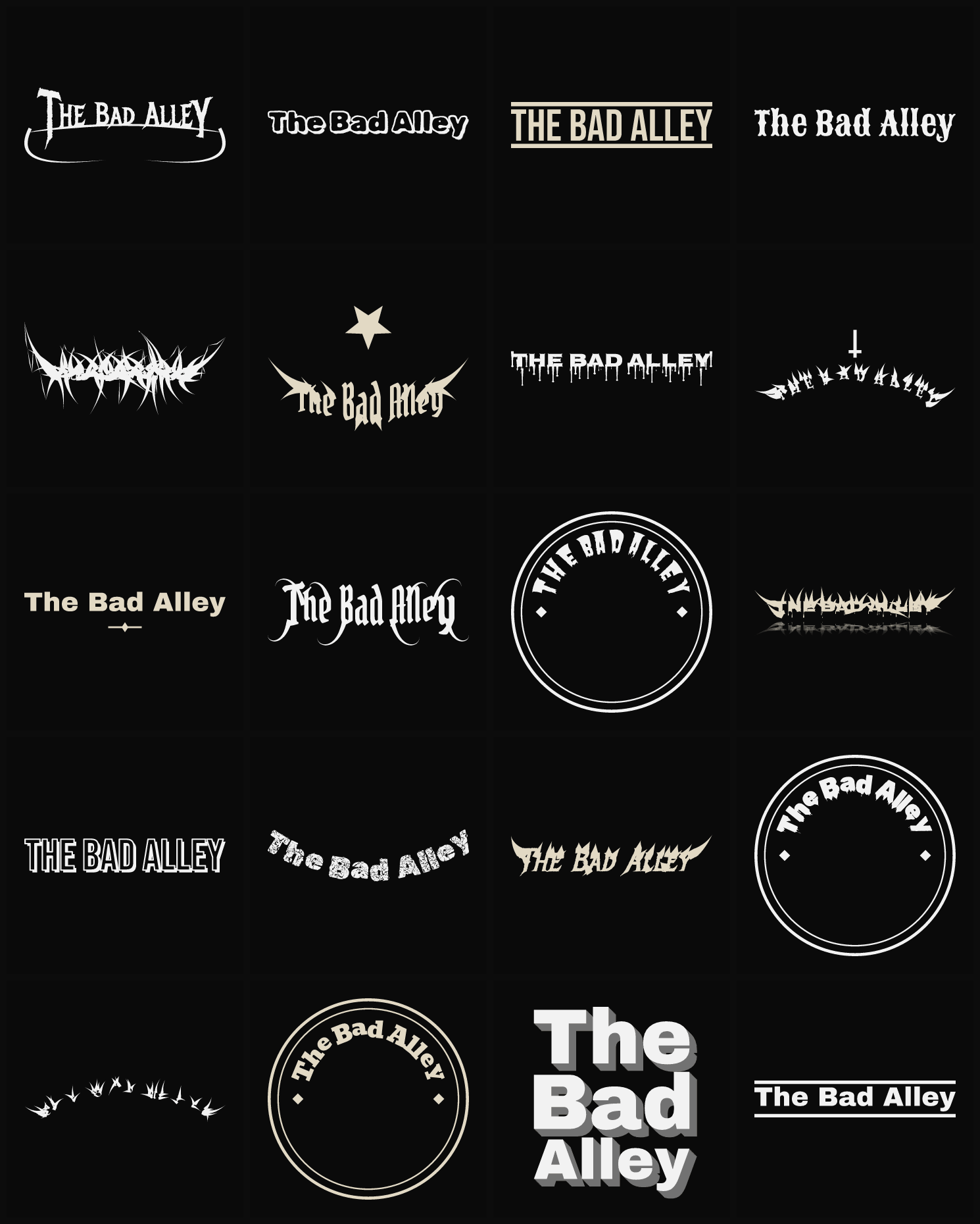 Twenty The Bad Alley band logo ideas — different faces, treatments and spike settings