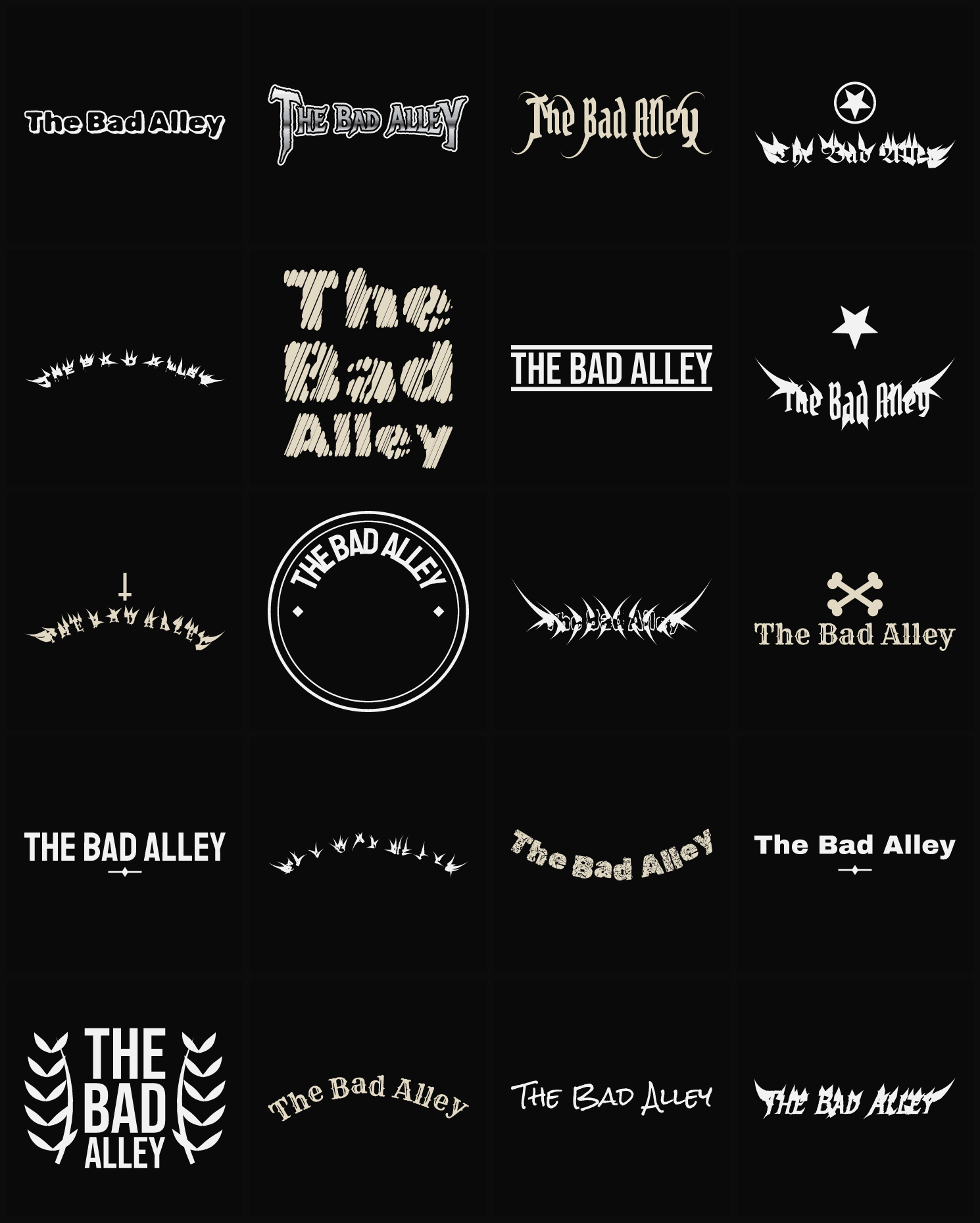 Twenty The Bad Alley band logo ideas — different faces, treatments and spike settings