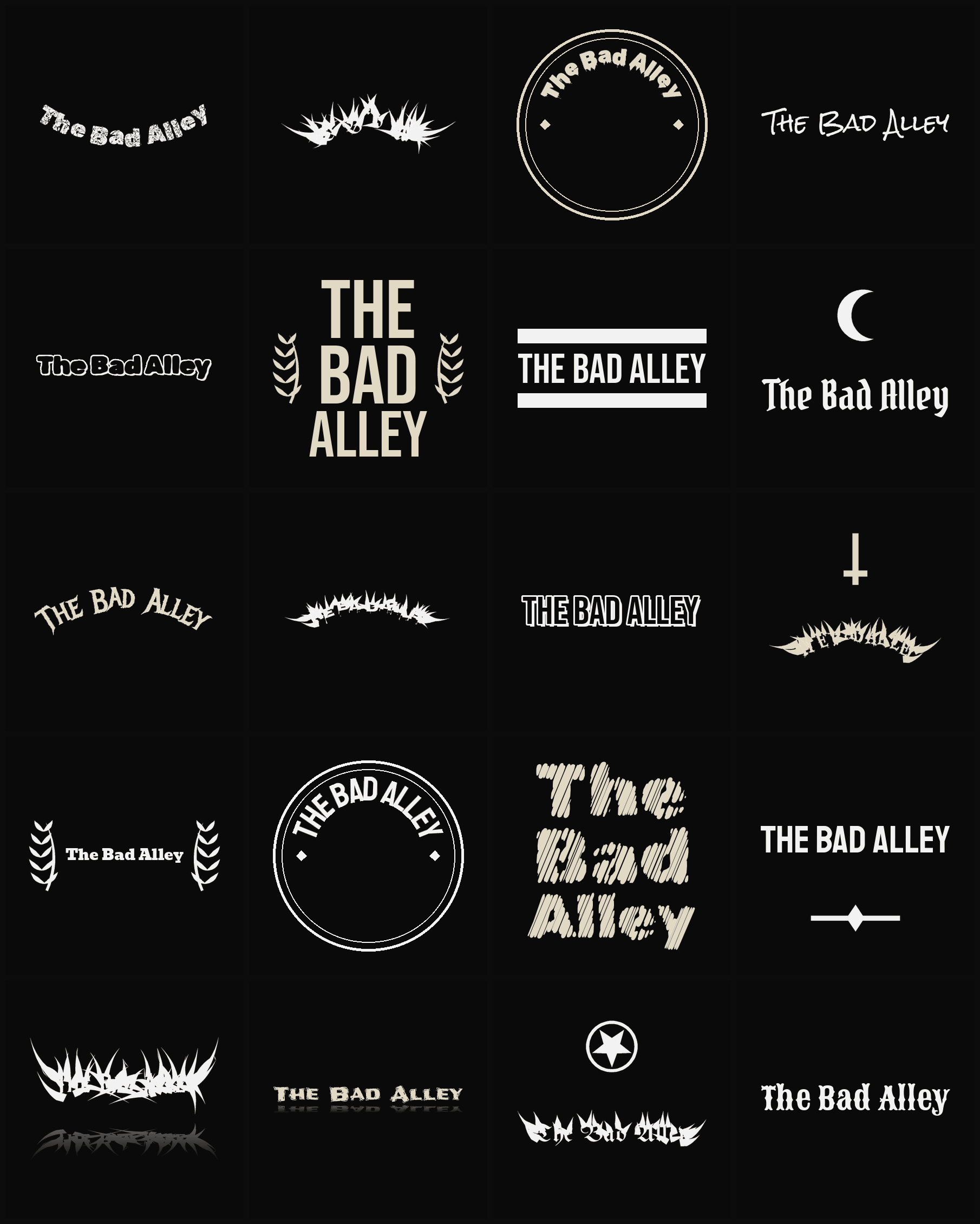 Twenty The Bad Alley band logo ideas — different faces, treatments and spike settings
