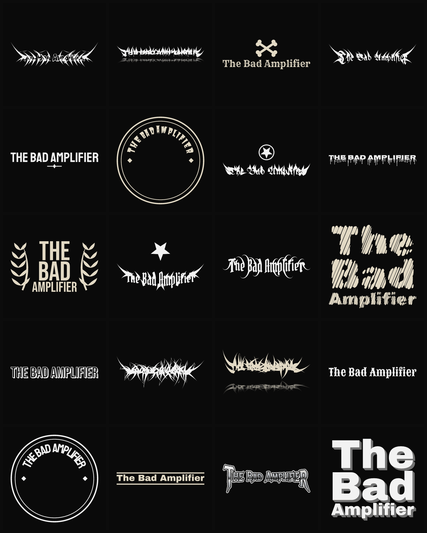 Twenty The Bad Amplifier band logo ideas — different faces, treatments and spike settings