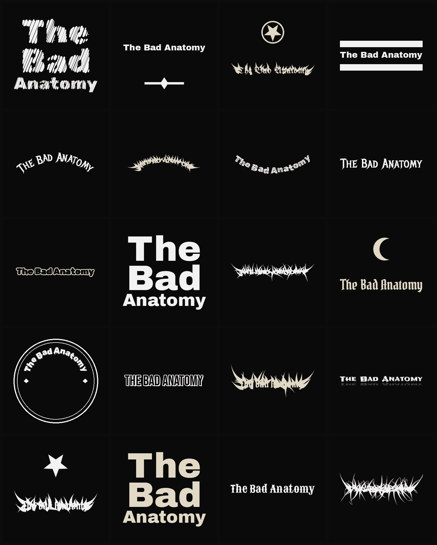 Twenty The Bad Anatomy band logo ideas — different faces, treatments and spike settings