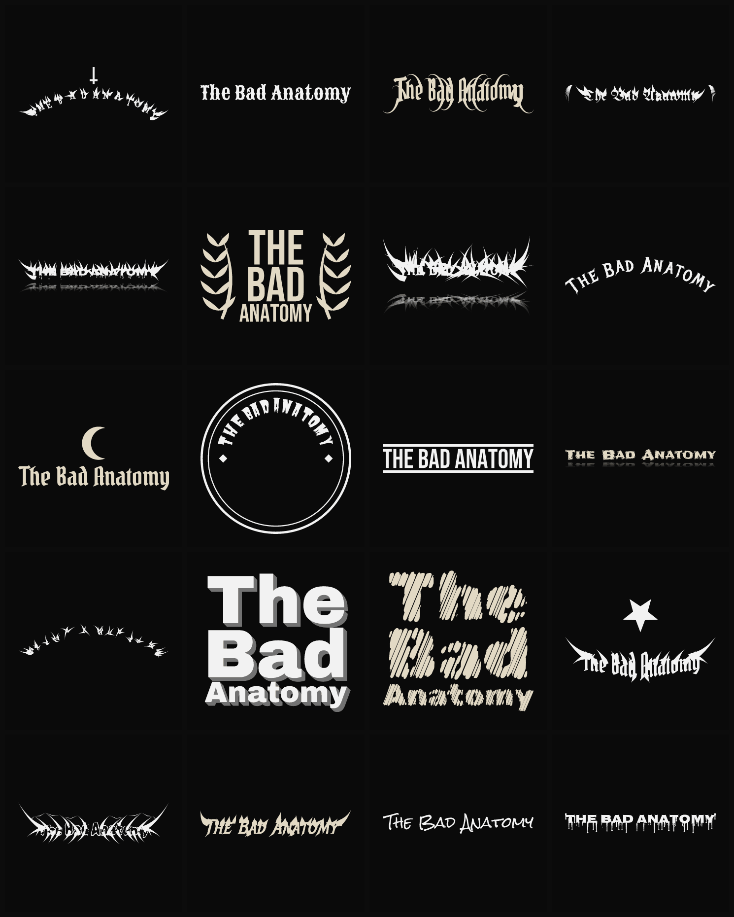 Twenty The Bad Anatomy band logo ideas — different faces, treatments and spike settings