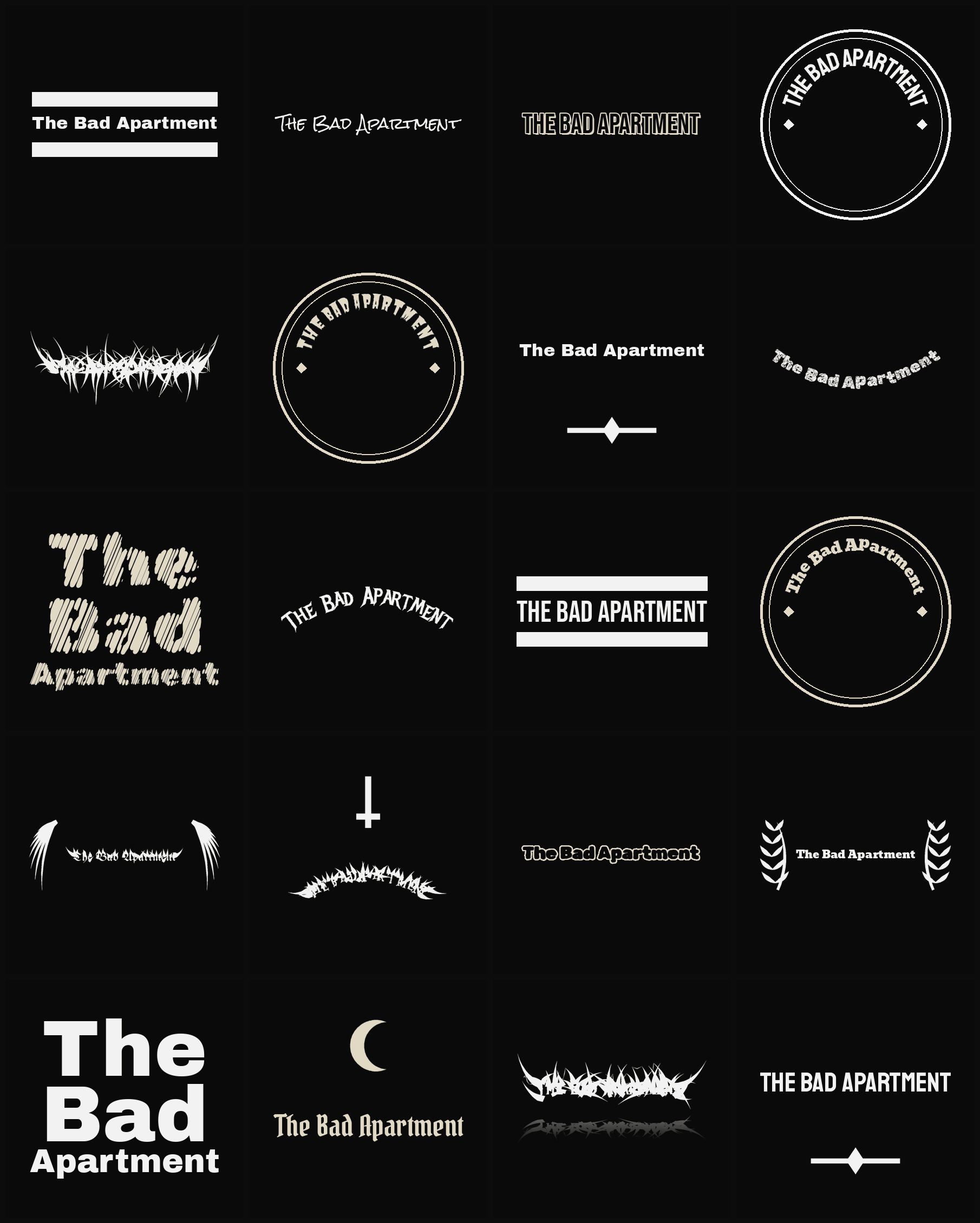 Twenty The Bad Apartment band logo ideas — different faces, treatments and spike settings