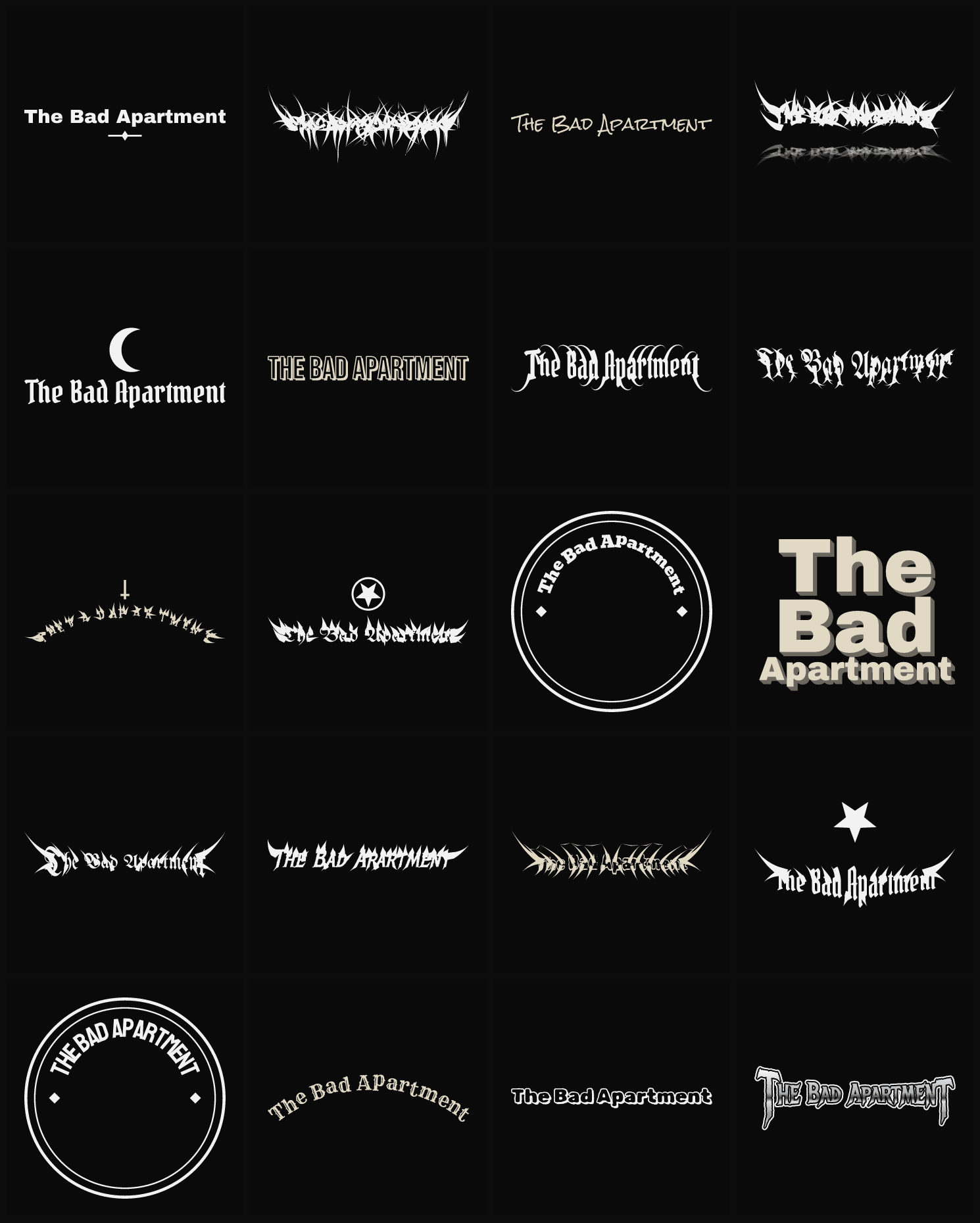 Twenty The Bad Apartment band logo ideas — different faces, treatments and spike settings