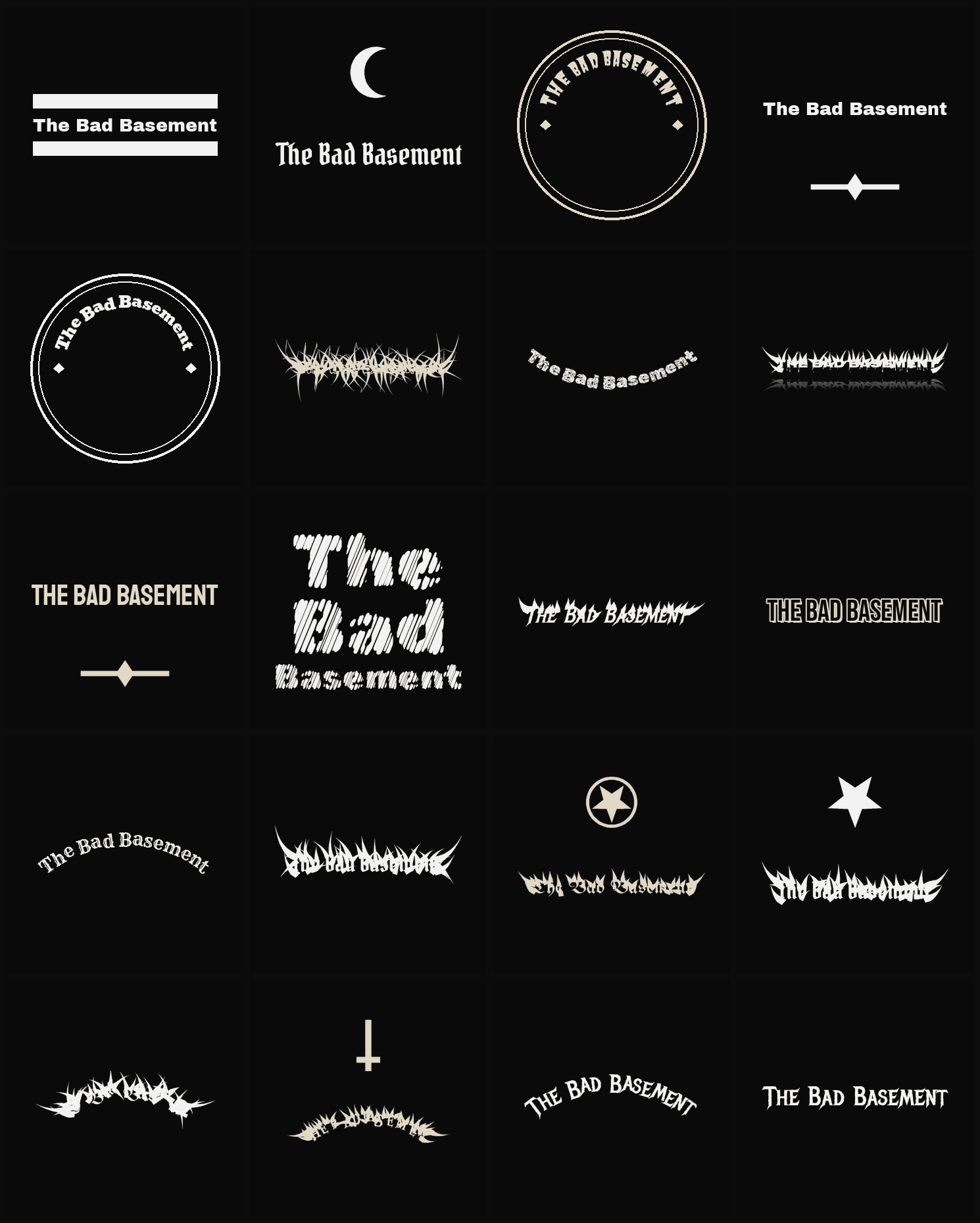 Twenty The Bad Basement band logo ideas — different faces, treatments and spike settings