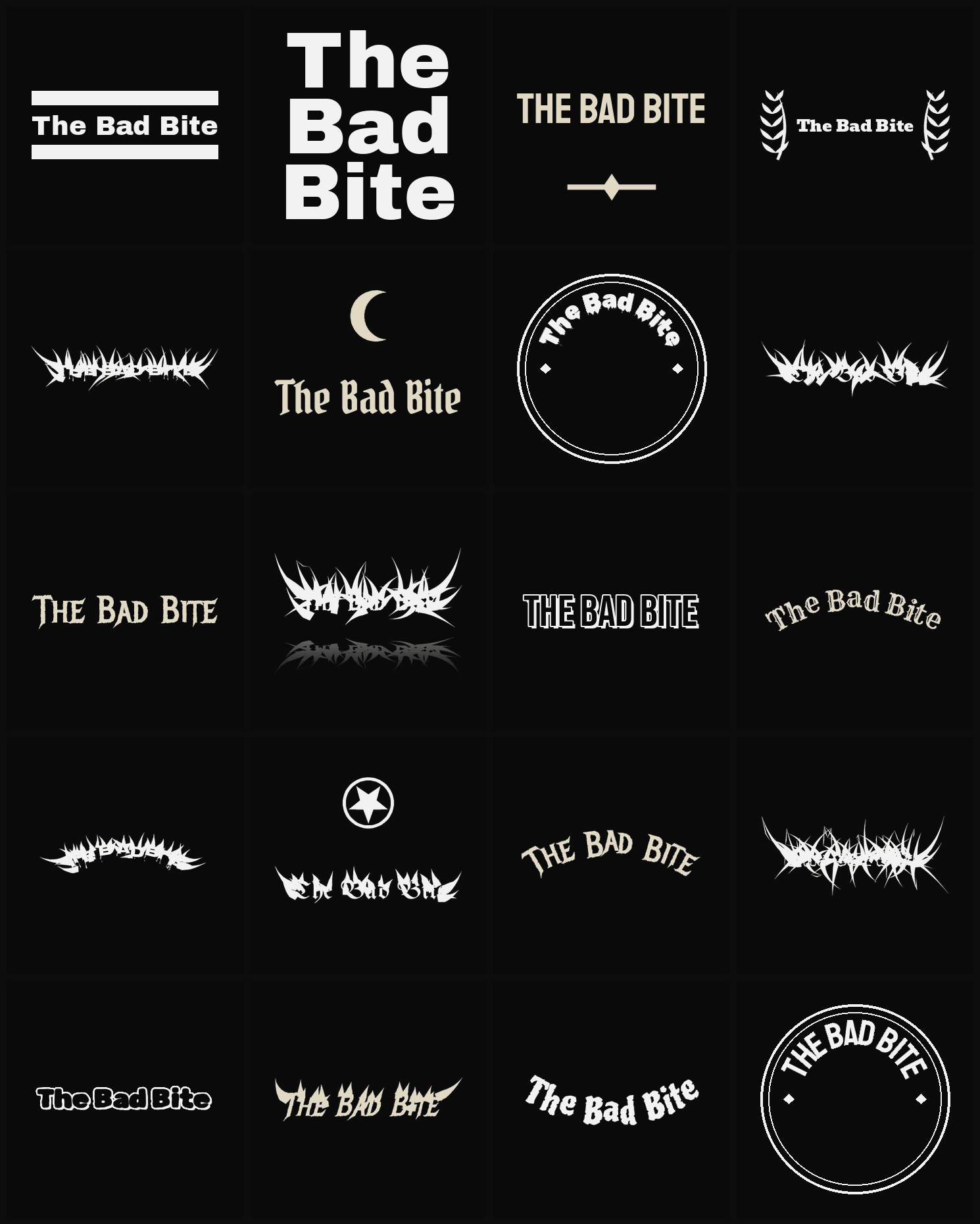 Twenty The Bad Bite band logo ideas — different faces, treatments and spike settings