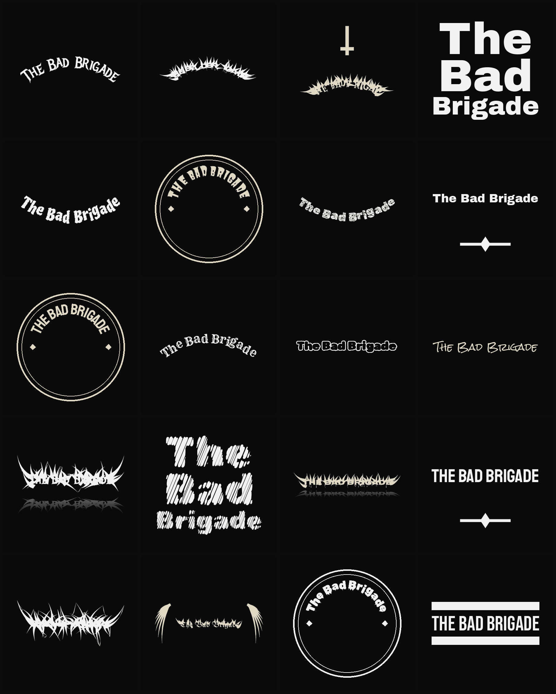 Twenty The Bad Brigade band logo ideas — different faces, treatments and spike settings
