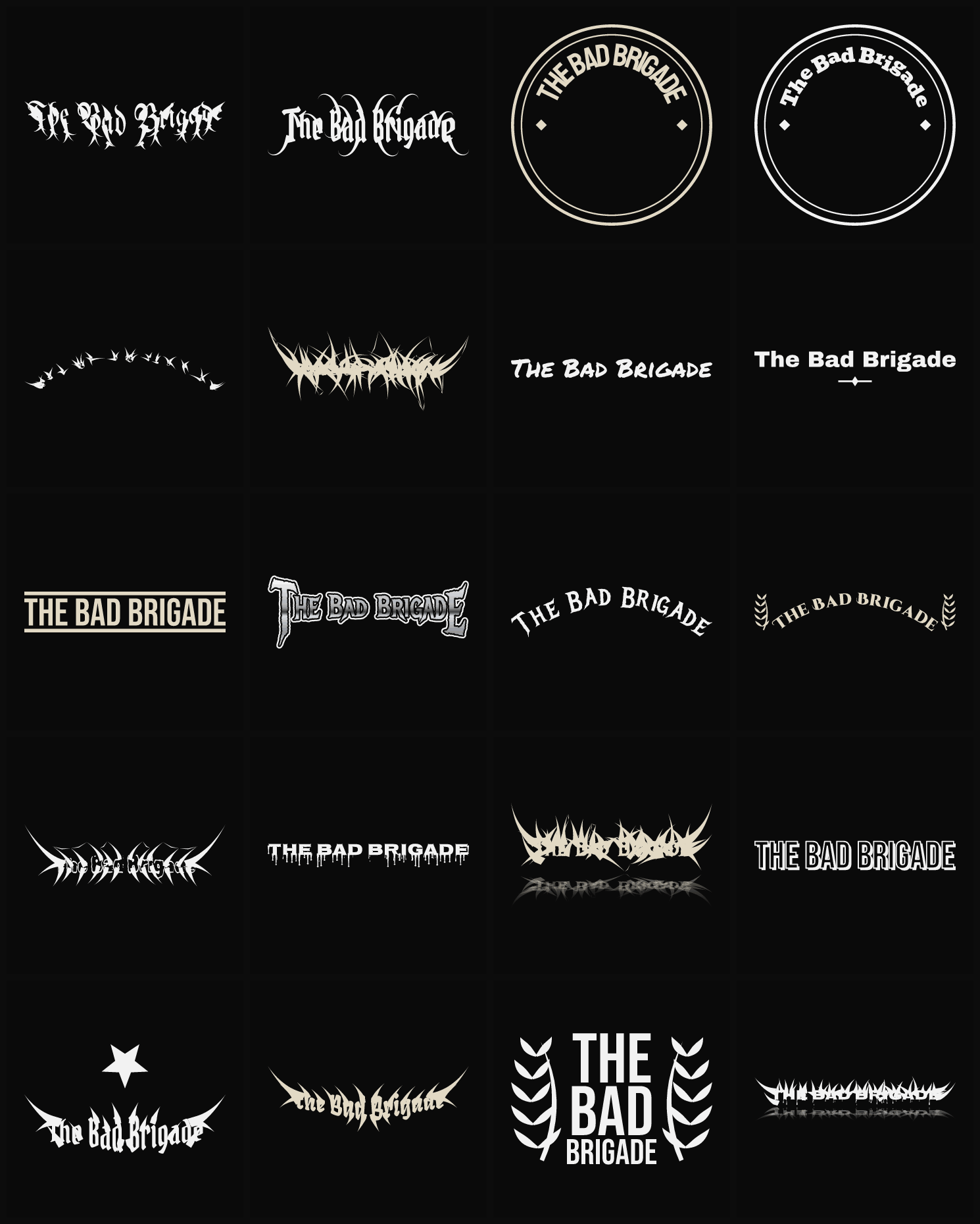 Twenty The Bad Brigade band logo ideas — different faces, treatments and spike settings
