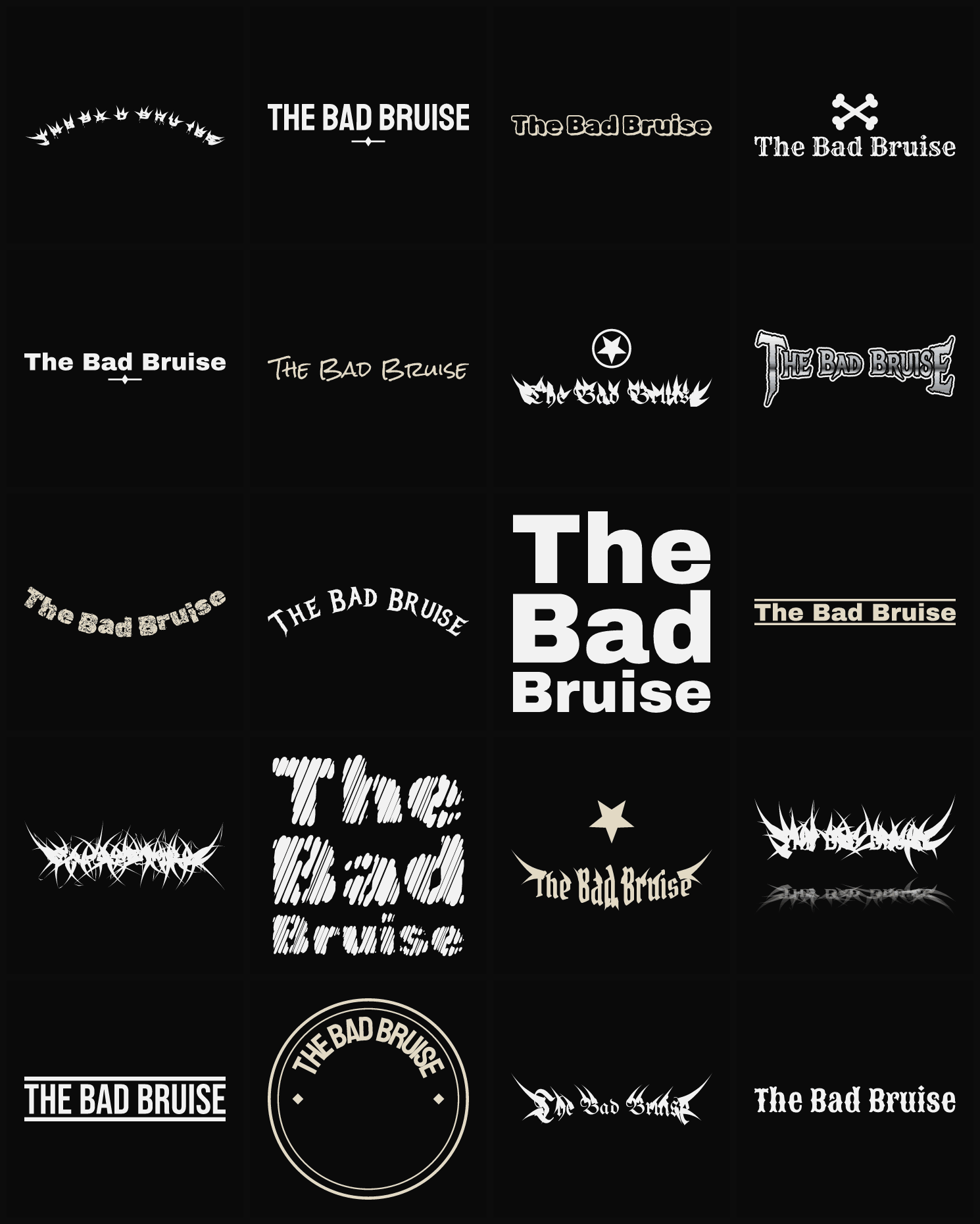 Twenty The Bad Bruise band logo ideas — different faces, treatments and spike settings