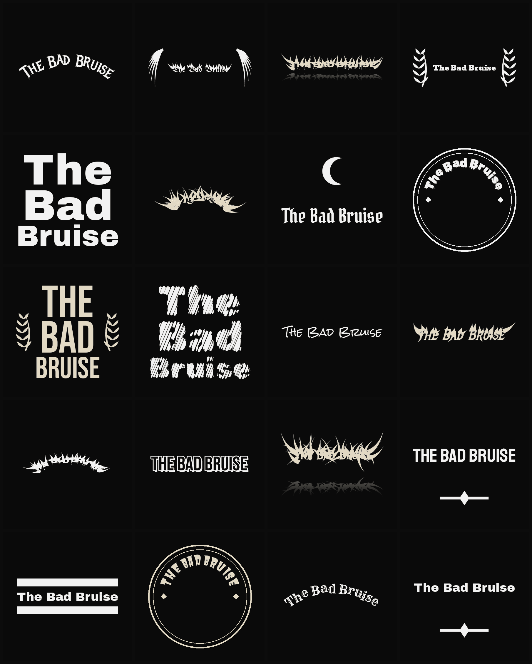 Twenty The Bad Bruise band logo ideas — different faces, treatments and spike settings